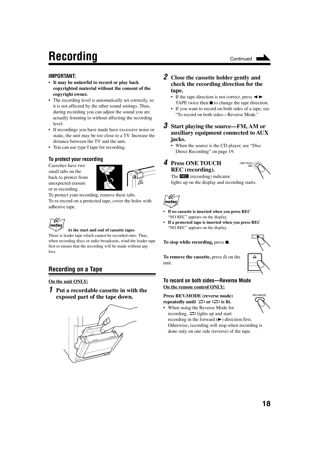 JVC UX-H35 manual Recording on a Tape, To protect your recording, To record on both sides-Reverse Mode 