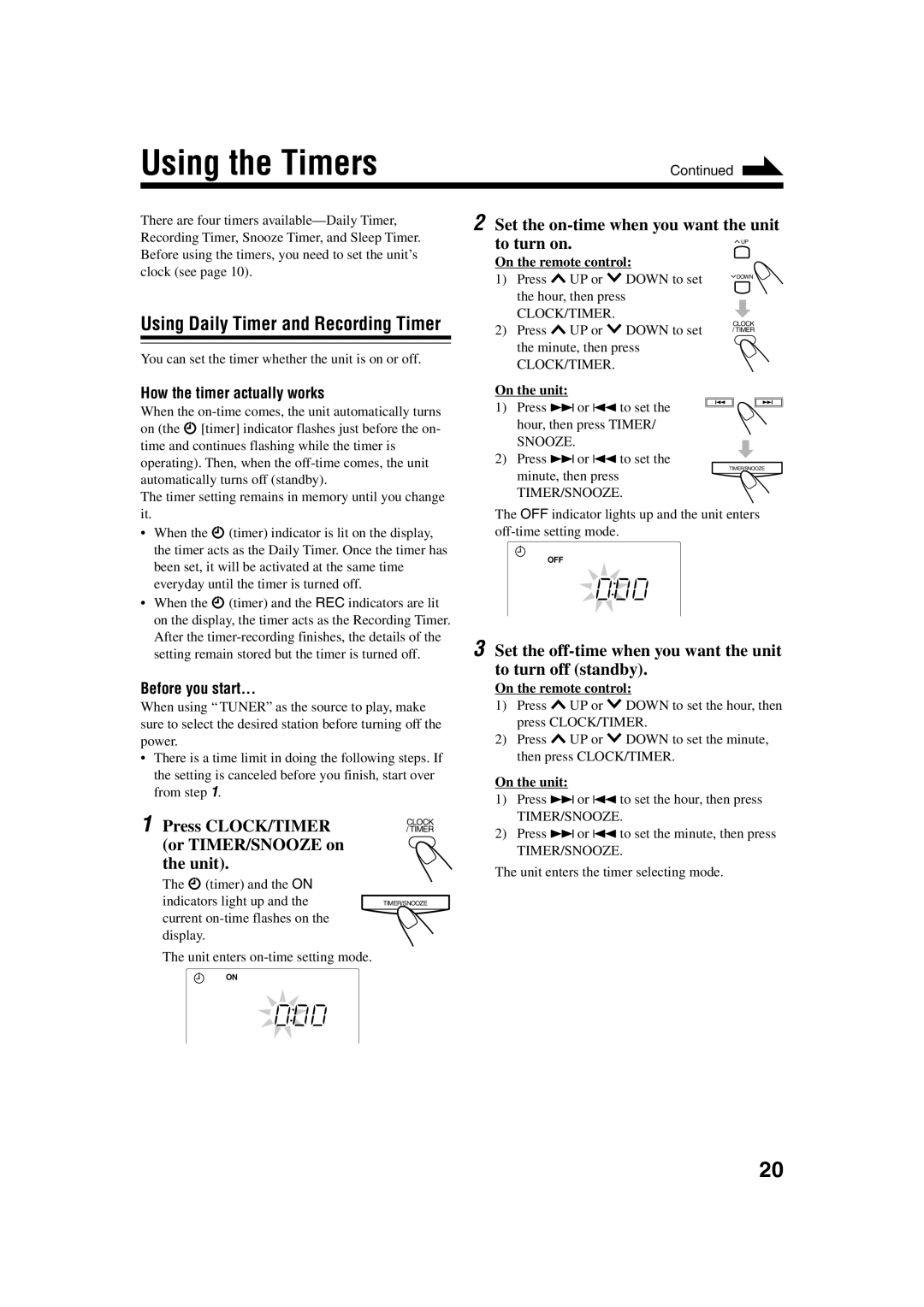 JVC UX-H35 Using the Timers, Using Daily Timer and Recording Timer, Set the on-time when you want the unit To turn on 