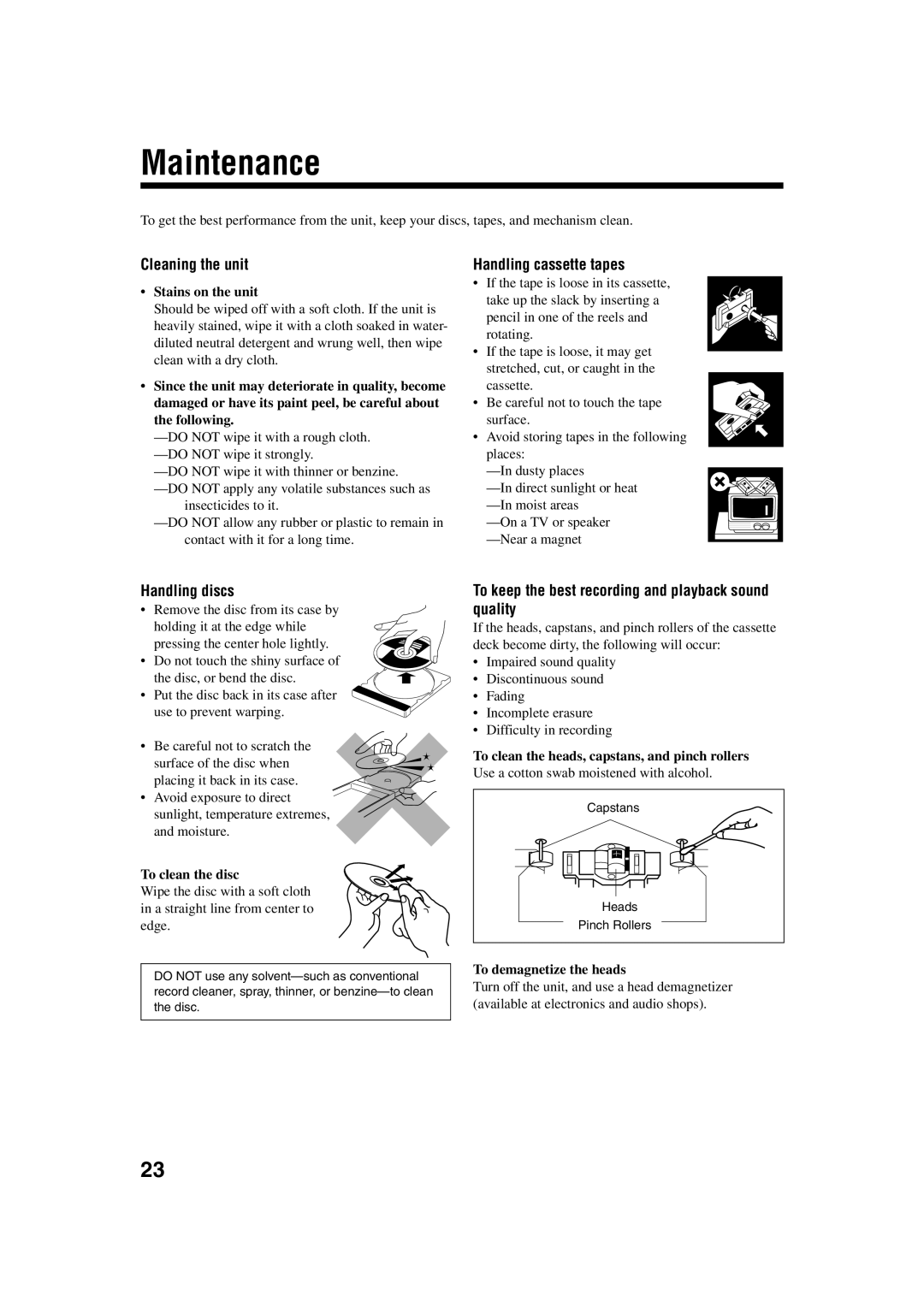 JVC UX-H35 manual Maintenance, Cleaning the unit, Handling cassette tapes, Handling discs 