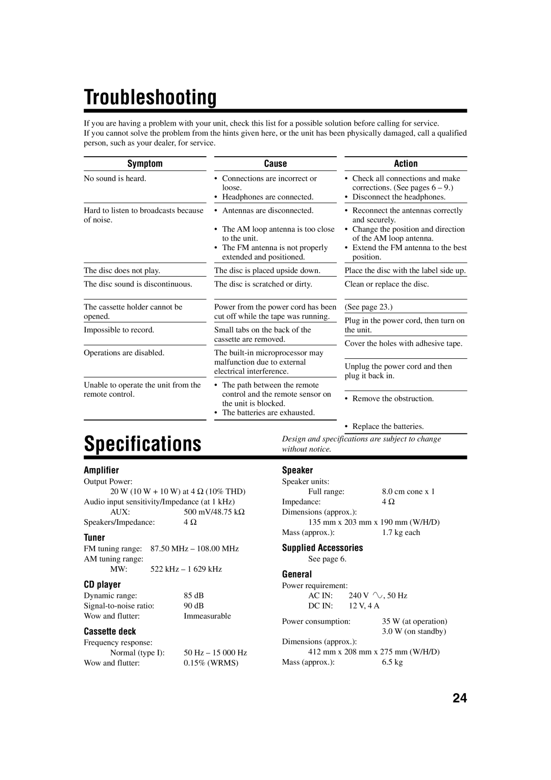 JVC UX-H35 manual Troubleshooting, Specifications 