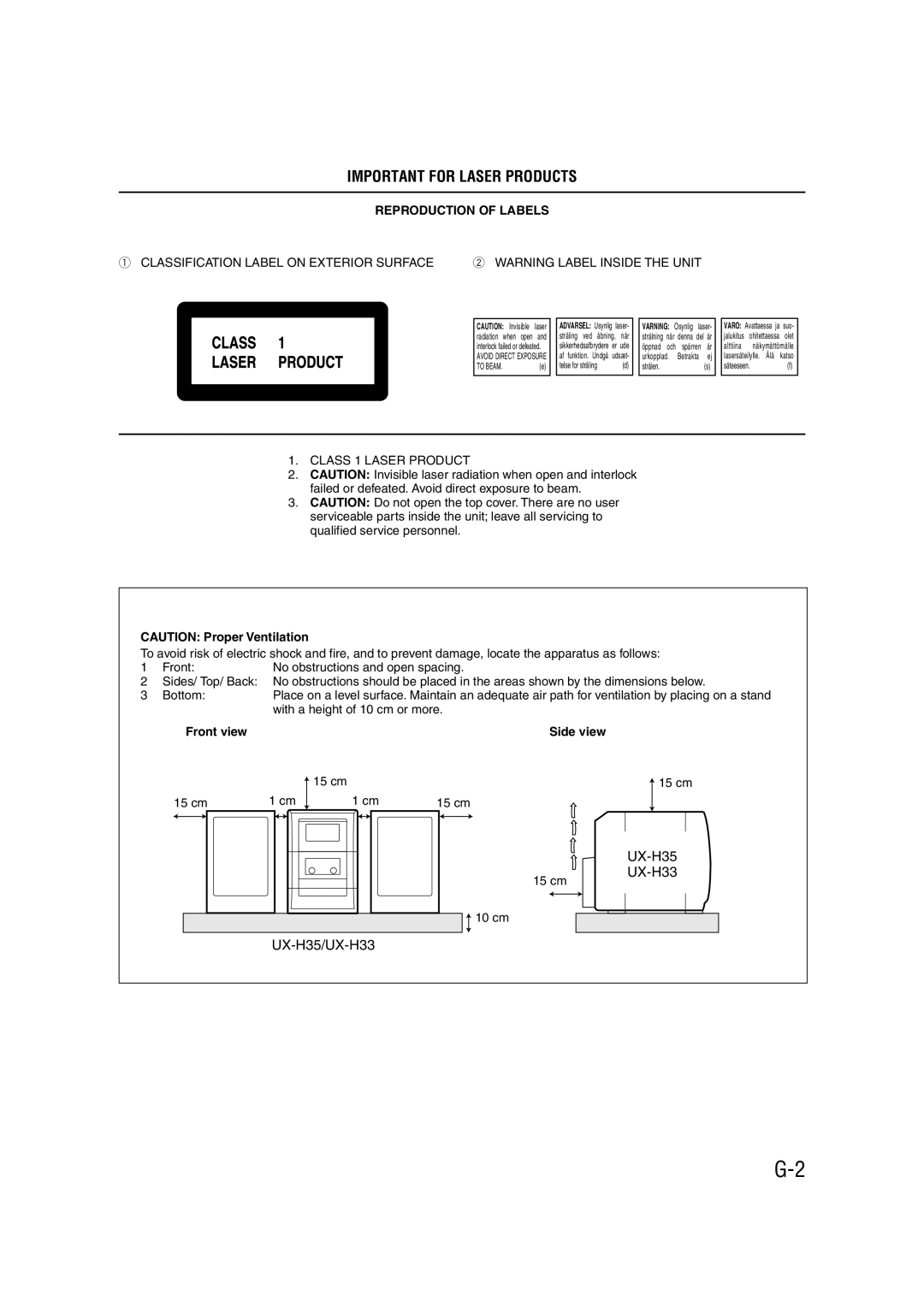 JVC UX-H35 manual Important for Laser Products 