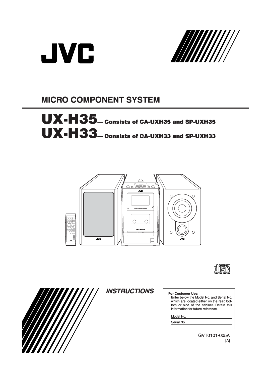 JVC manual Instructions, UX-H35-Consists of CA-UXH35and SP-UXH35, UX-H33-Consists of CA-UXH33and SP-UXH33, GVT0101-005A 