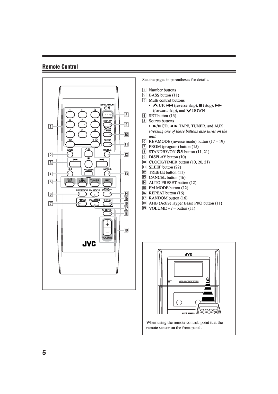 JVC UX-H35 manual Remote Control 