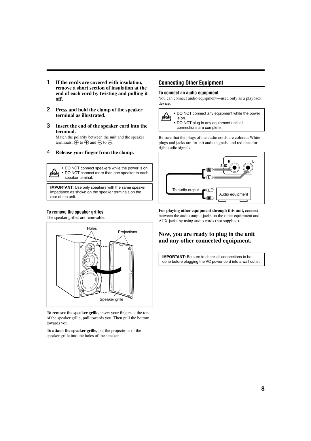 JVC UXJ60, UX-J50 manual Connecting Other Equipment, Release your finger from the clamp, To remove the speaker grilles 