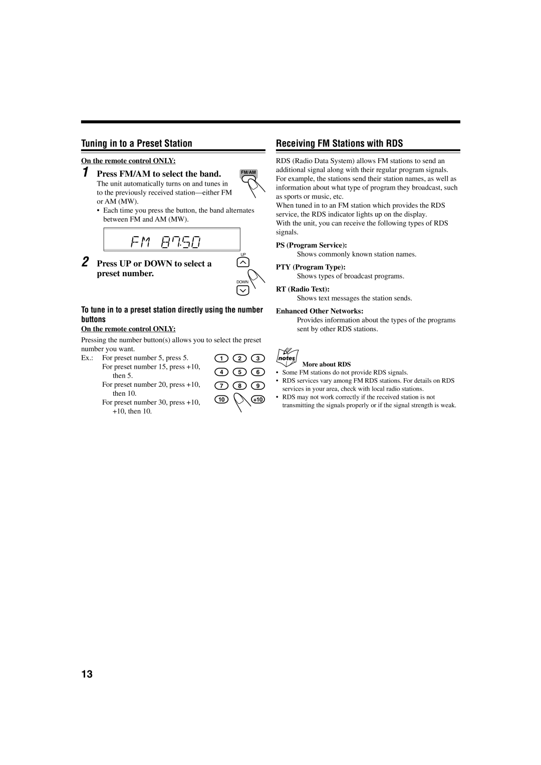 JVC UX-J50 manual Tuning in to a Preset Station, Receiving FM Stations with RDS, Press UP or Down to select a preset number 