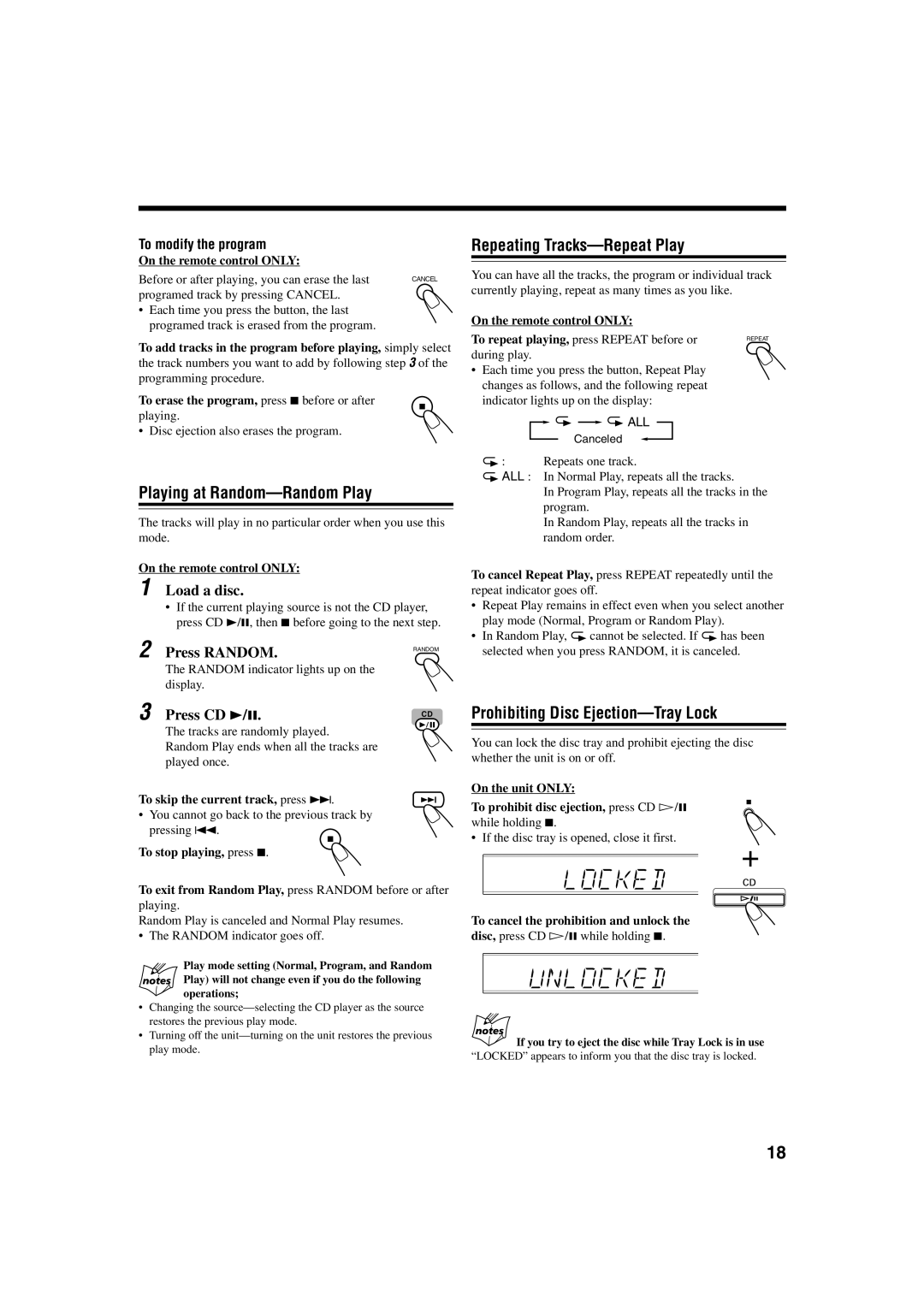JVC UXJ60 Playing at Random-Random Play, Repeating Tracks-Repeat Play, Prohibiting Disc Ejection-Tray Lock, Press Random 
