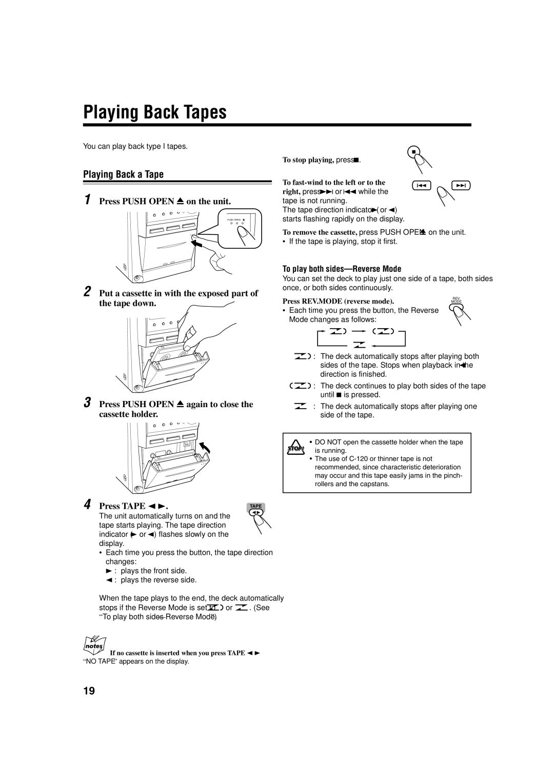 JVC UX-J50, UXJ60 Playing Back Tapes, Playing Back a Tape, Press Push Open 0 on the unit, To play both sides-Reverse Mode 