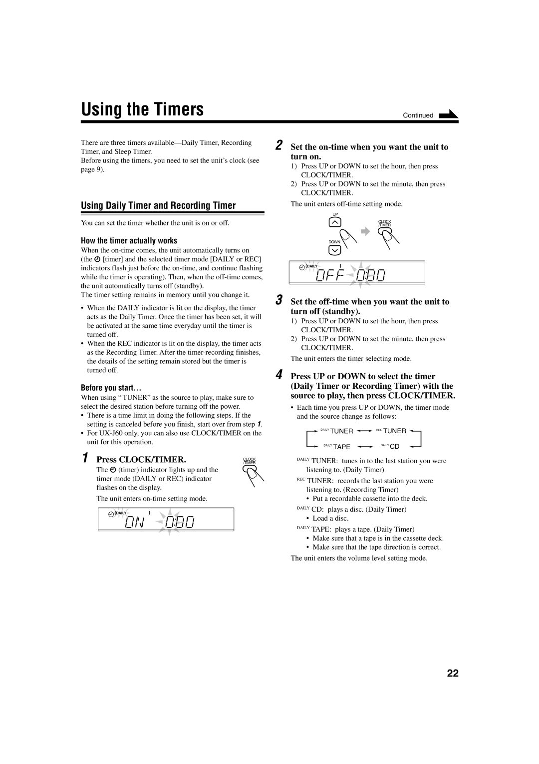 JVC UXJ60 manual Using the Timers, Using Daily Timer and Recording Timer, Set the on-time when you want the unit to turn on 