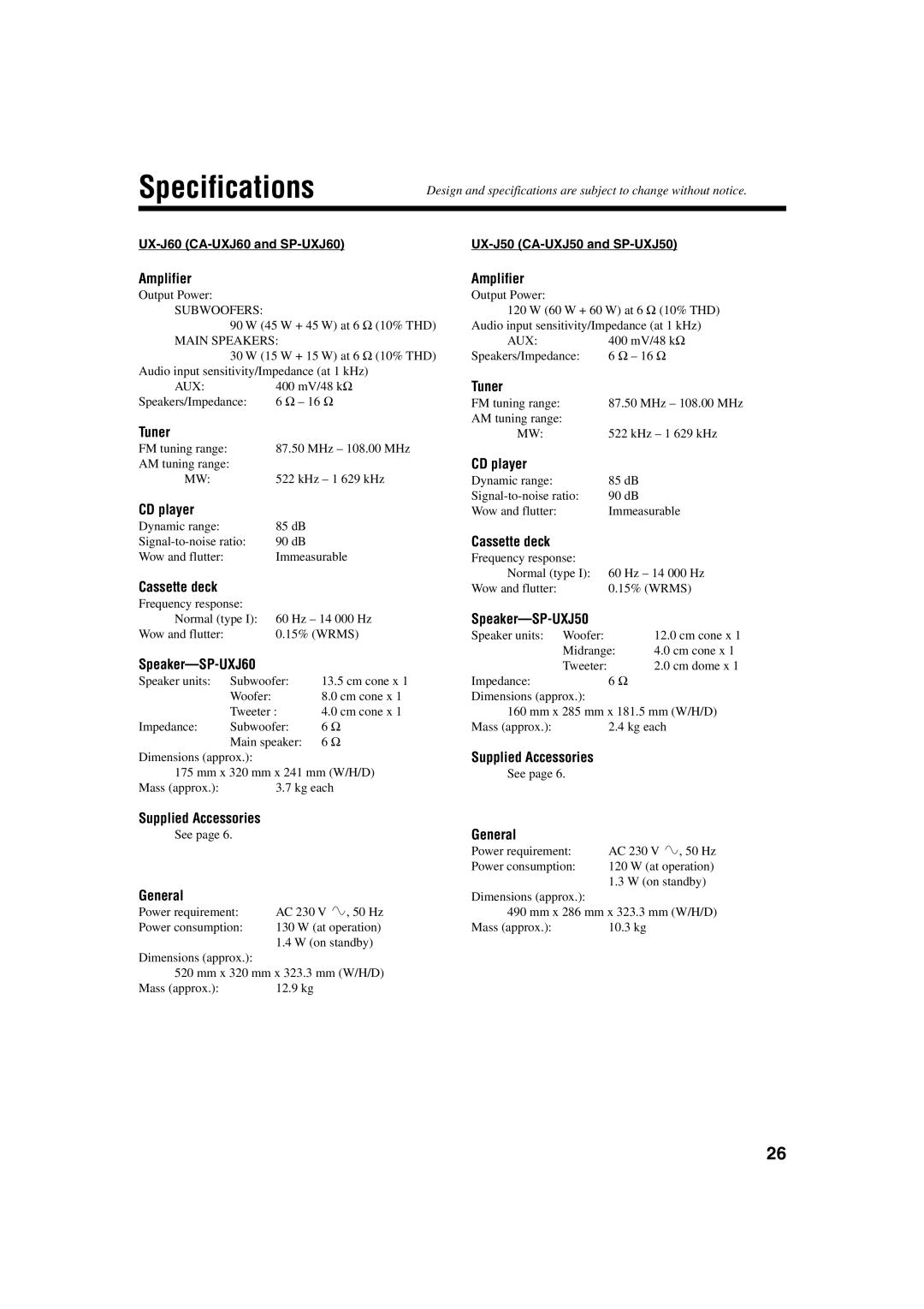 JVC UXJ60, UX-J50 manual Specifications 