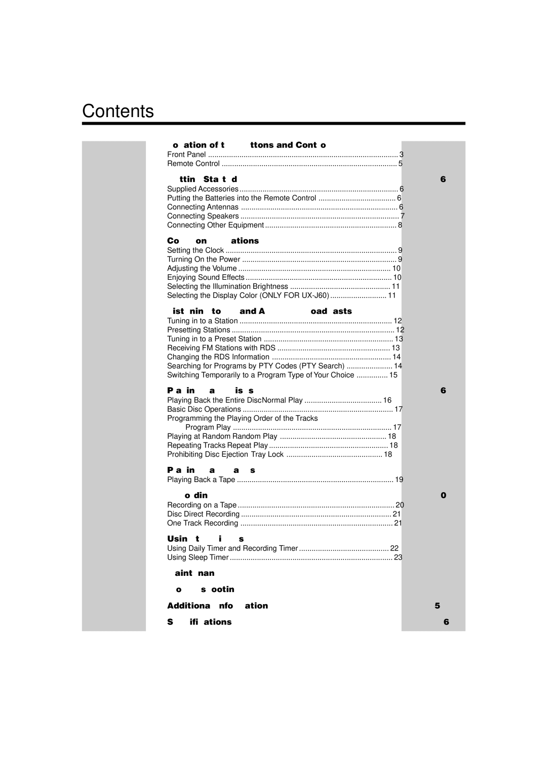 JVC UXJ60, UX-J50 manual Contents 