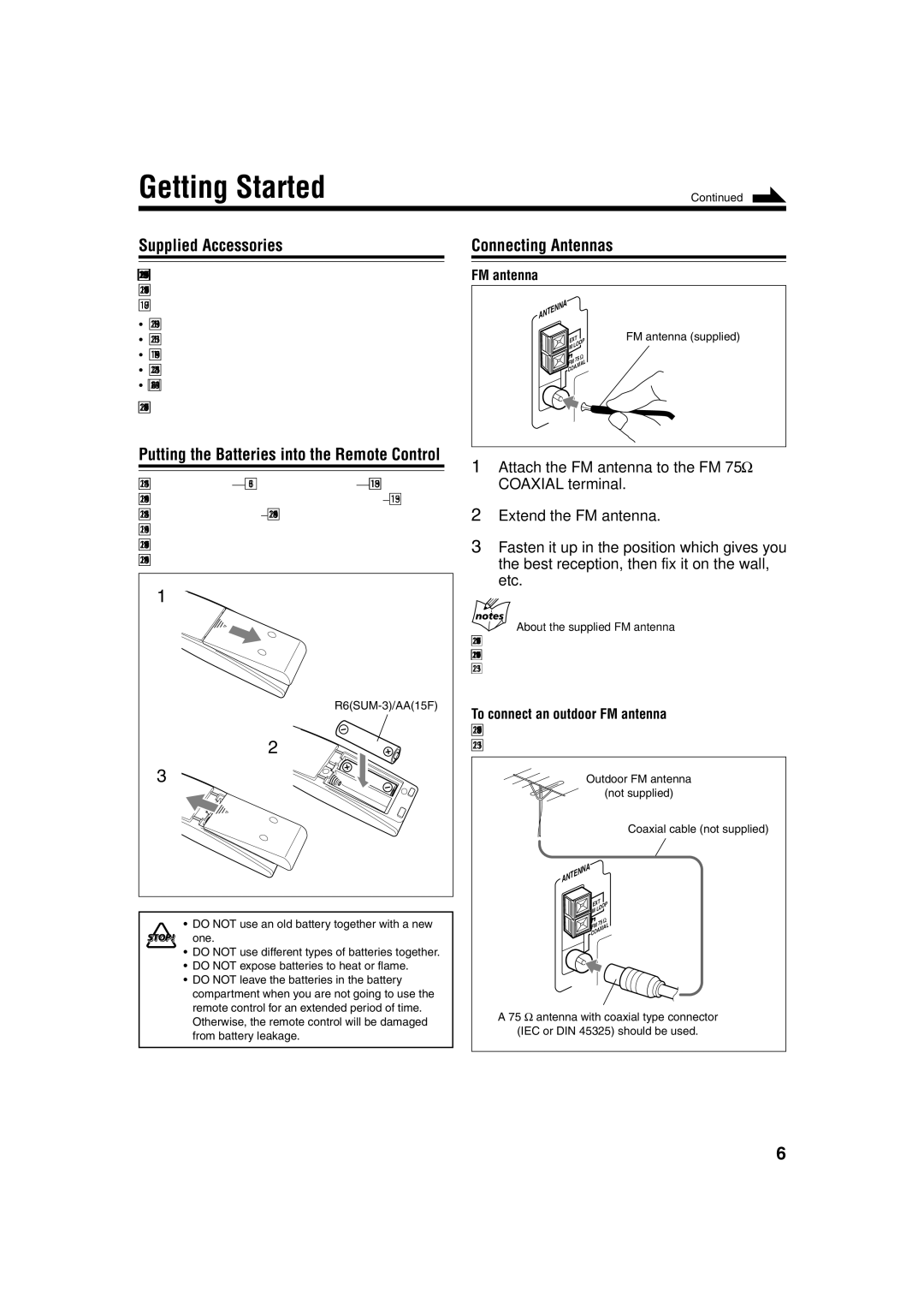 JVC UXJ60, UX-J50 Getting Started, Supplied Accessories, Connecting Antennas FM antenna, To connect an outdoor FM antenna 