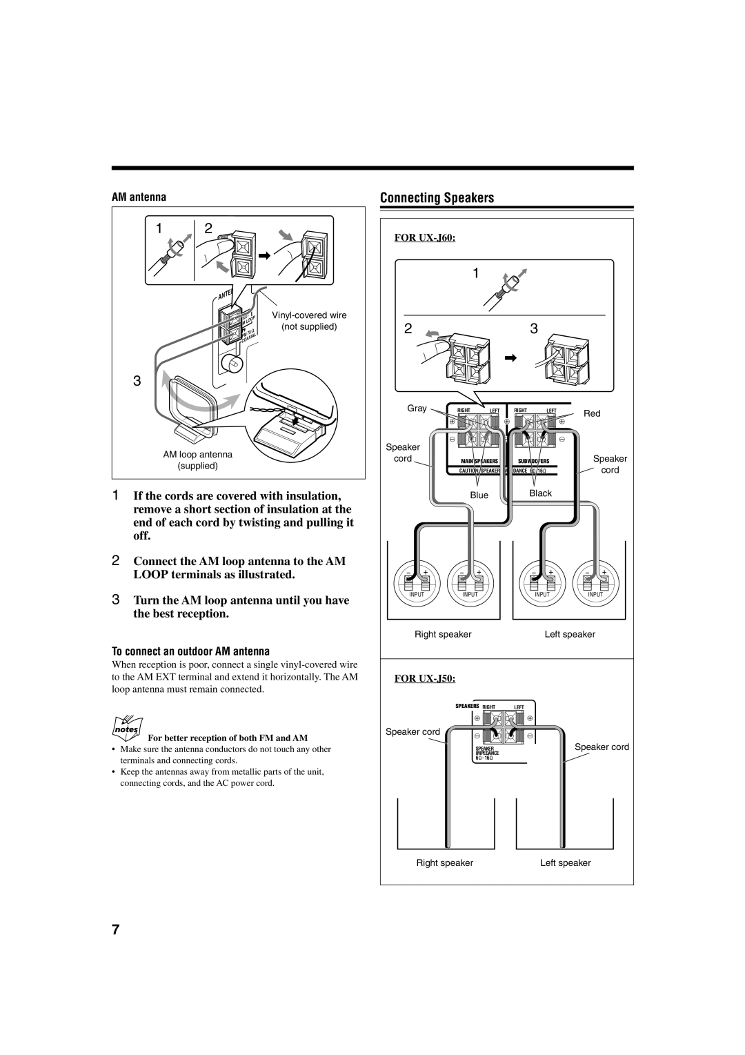 JVC manual Connecting Speakers, To connect an outdoor AM antenna, For UX-J60 