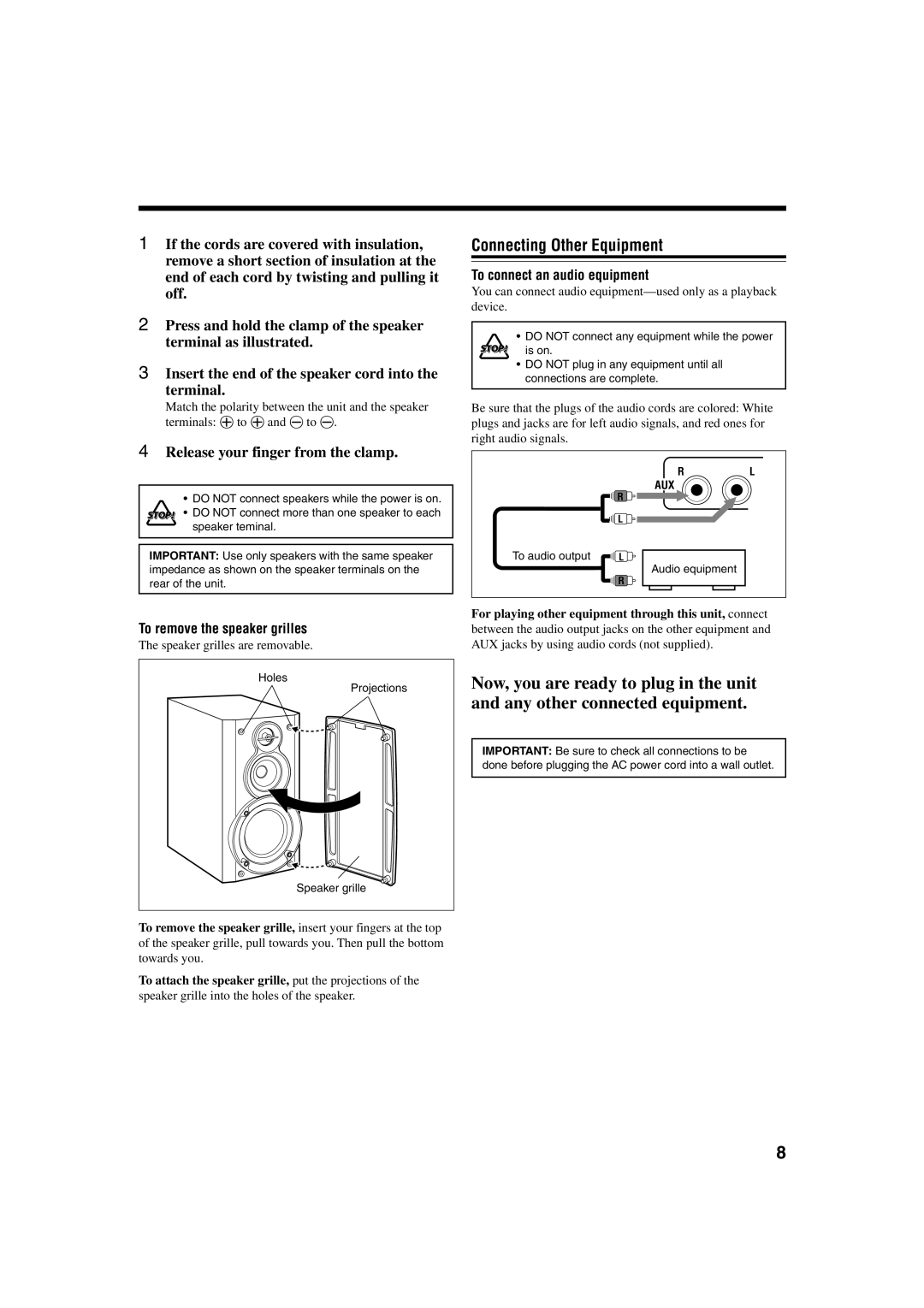 JVC UX-J60 manual Connecting Other Equipment, Release your finger from the clamp, To remove the speaker grilles 