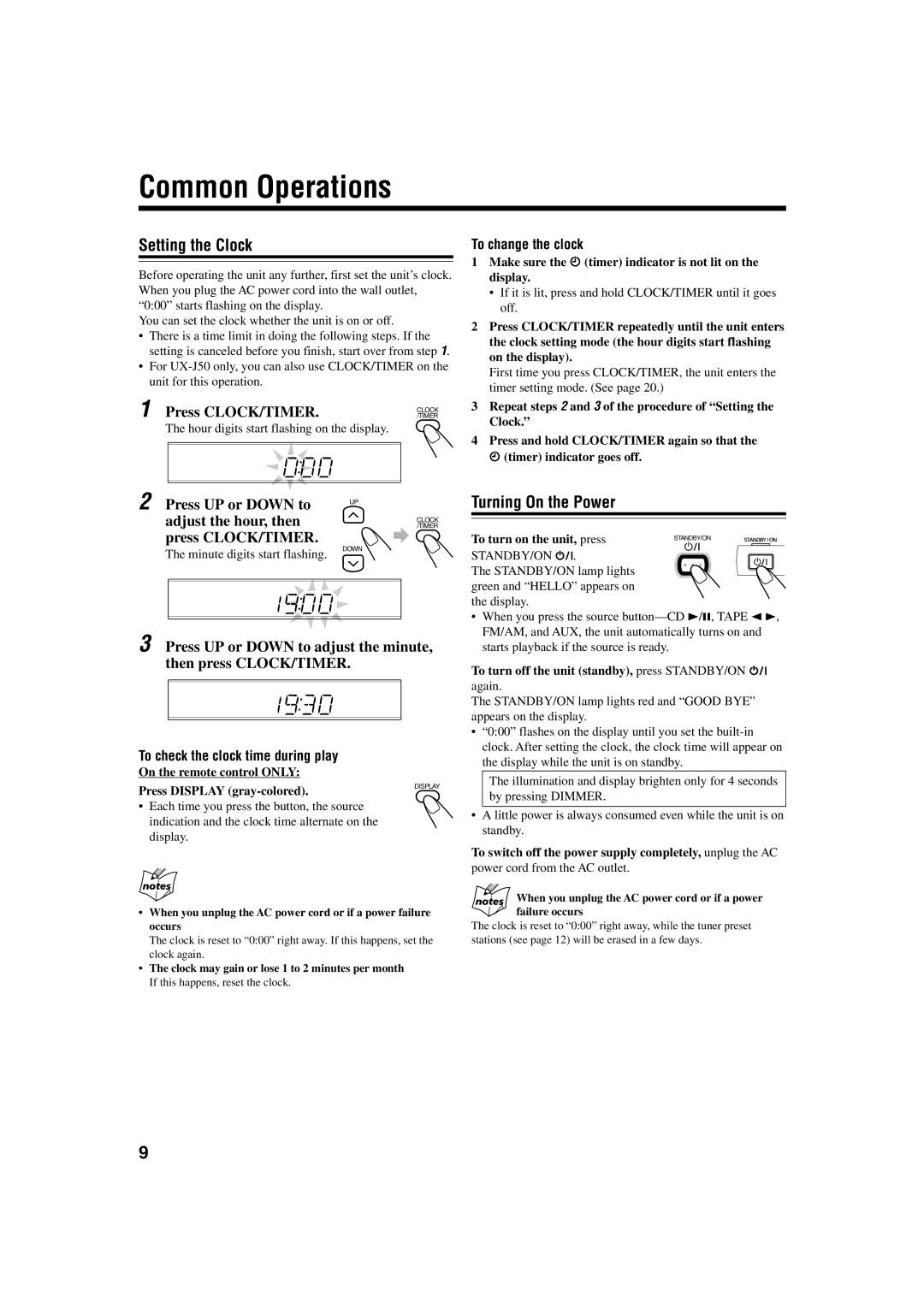 JVC UX-J60 manual Common Operations, Setting the Clock, Turning On the Power, Press CLOCK/TIMER 