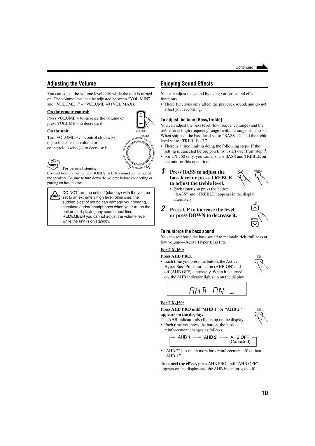 JVC UX-J60 manual Adjusting the Volume, Enjoying Sound Effects, Press Bass to adjust 