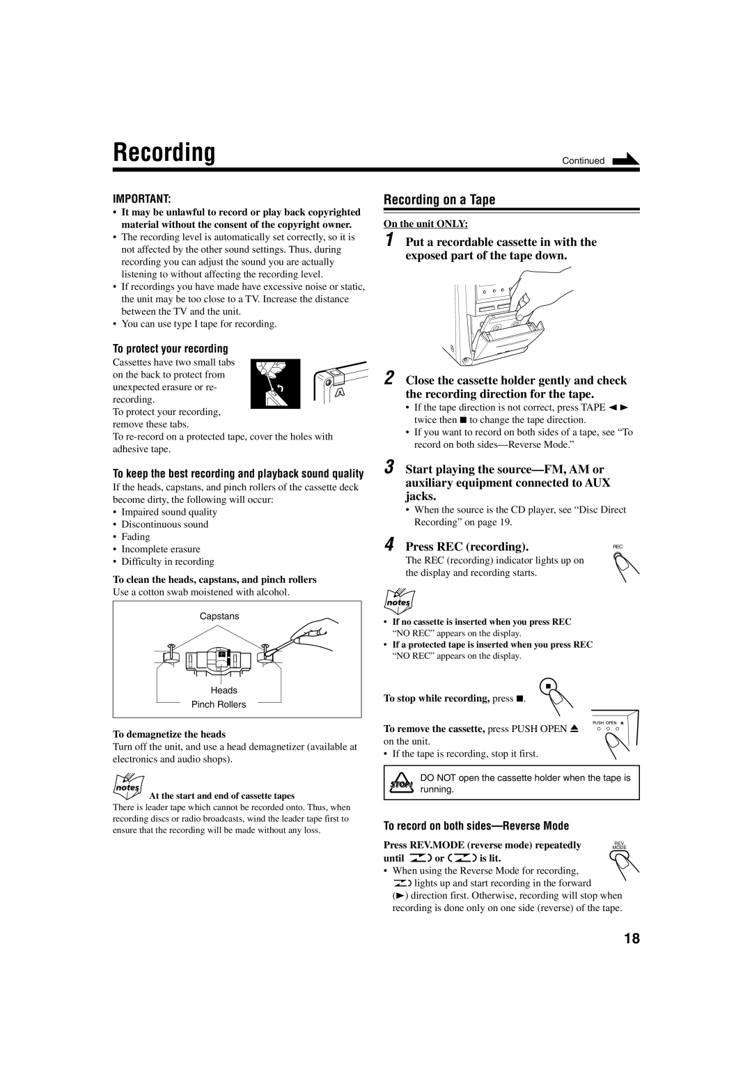 JVC UX-J60 manual Recording on a Tape, Press REC recording, To record on both sides-Reverse Mode 