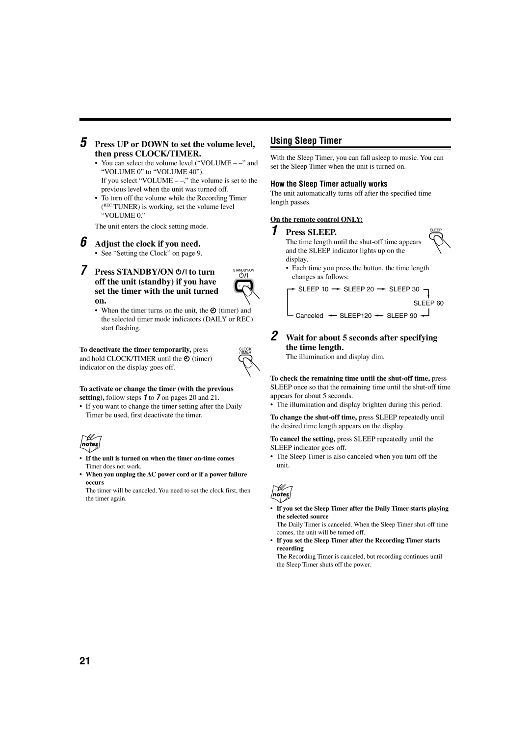 JVC UX-J60 manual Using Sleep Timer, Adjust the clock if you need, Press STANDBY/ON to turn, Press Sleep 