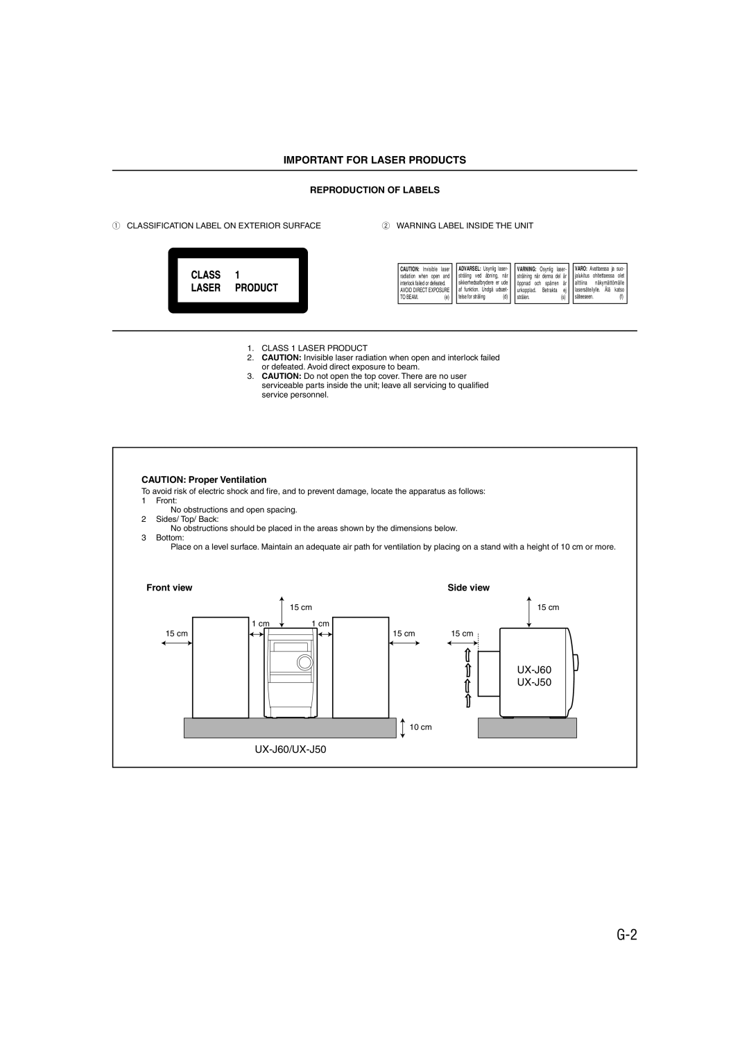 JVC UX-J60 manual Important for Laser Products 