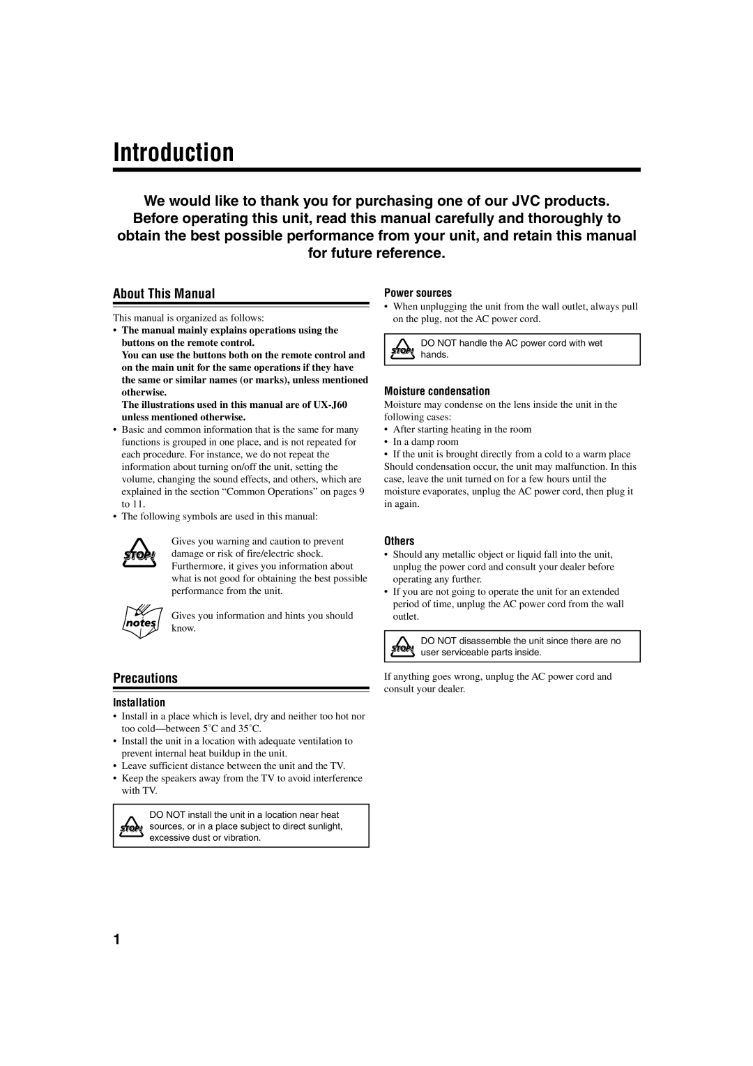 JVC UX-J60 manual Introduction, About This Manual, Precautions 