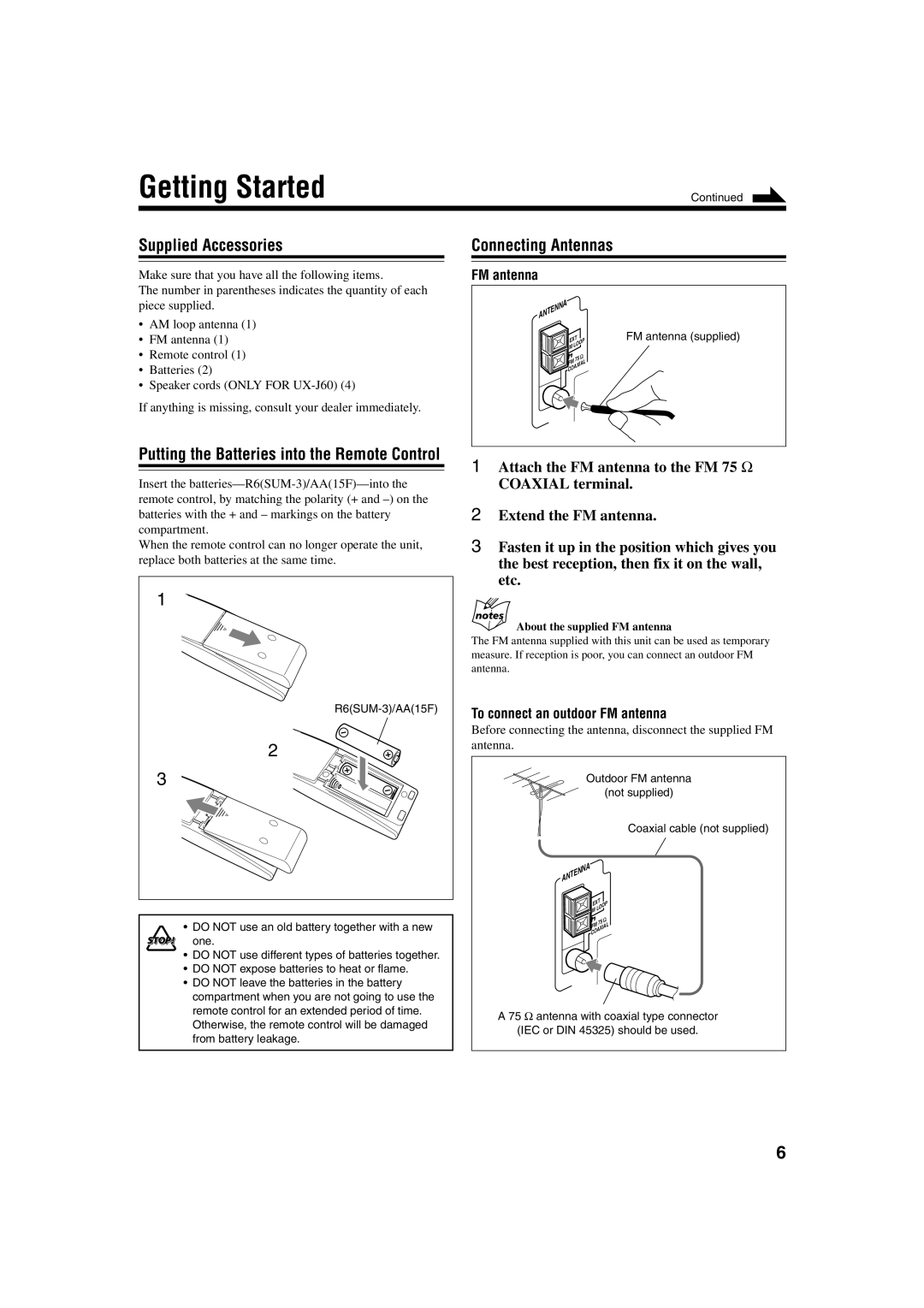 JVC UX-J60 manual Getting Started, Supplied Accessories, Connecting Antennas FM antenna, To connect an outdoor FM antenna 