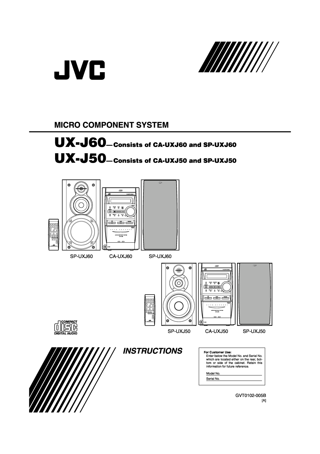 JVC manual Micro Component System, UX-J60-Consists of CA-UXJ60and SP-UXJ60, UX-J50-Consists of CA-UXJ50and SP-UXJ50 
