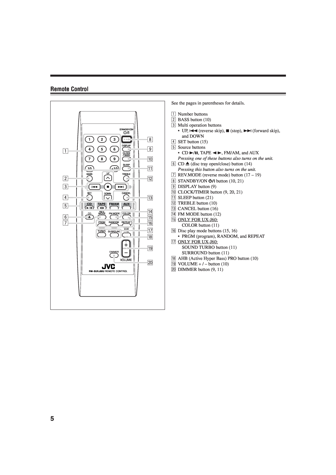 JVC UX-J60 manual Remote Control, 1 2 3 4 5, 8 9 p q w e r t y u o 