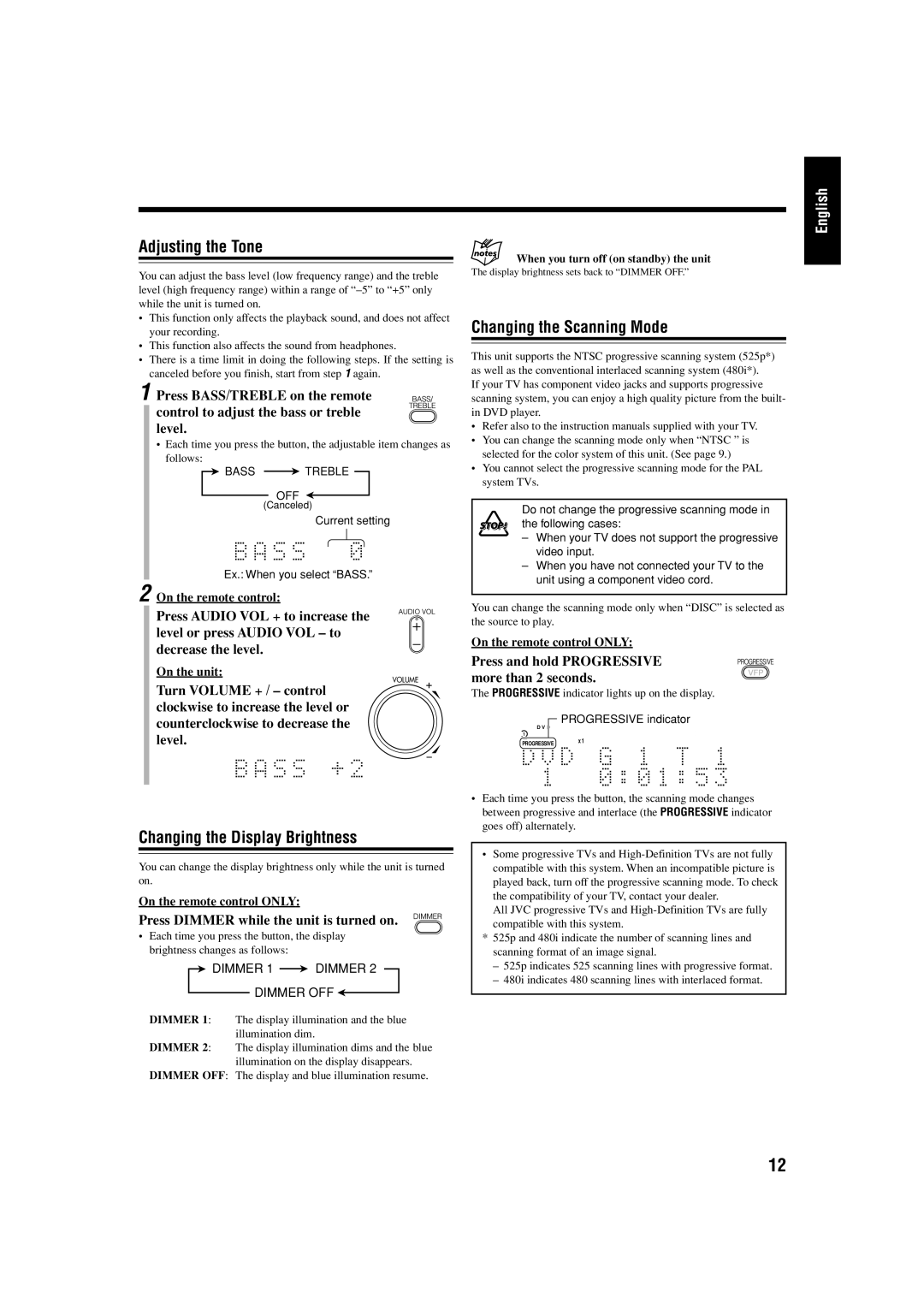 JVC UX-J99DVD manual Adjusting the Tone, Changing the Display Brightness, Changing the Scanning Mode 