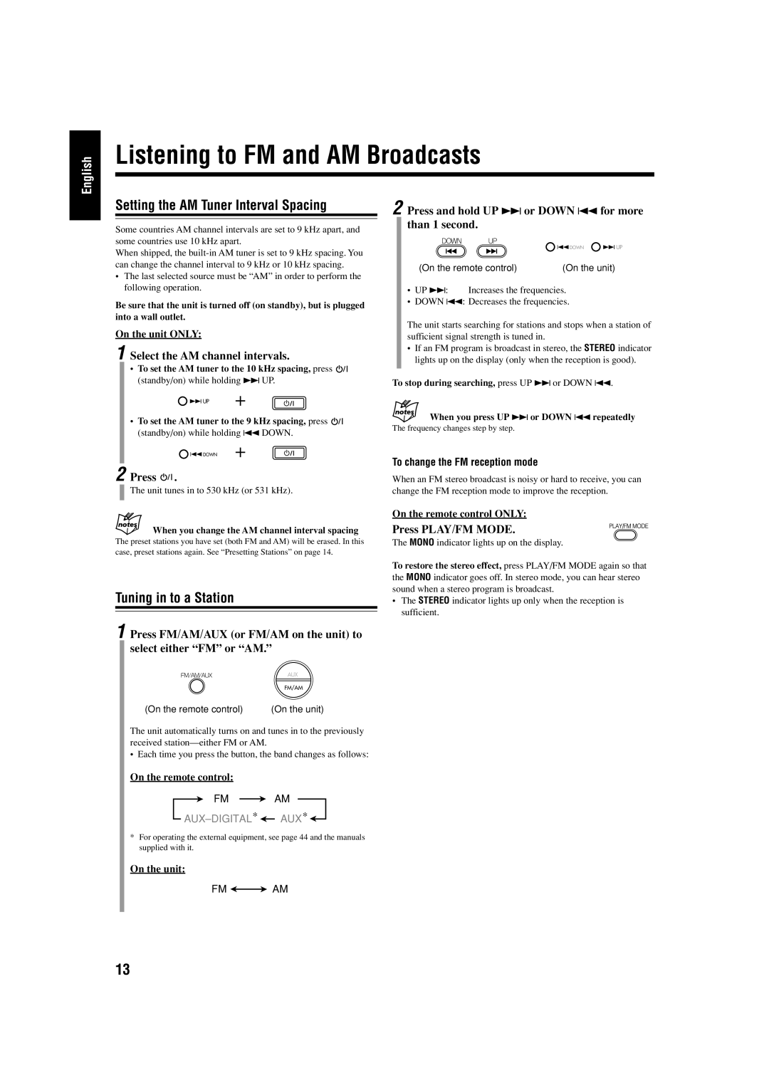 JVC UX-J99DVD manual Listening to FM and AM Broadcasts, Setting the AM Tuner Interval Spacing 