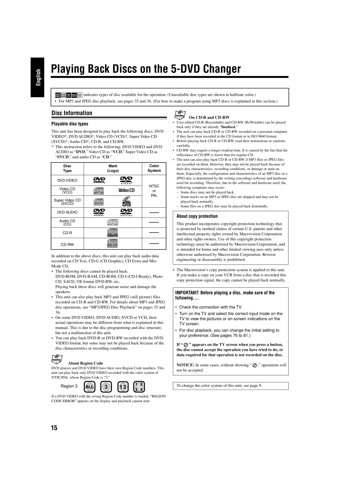 JVC UX-J99DVD manual Playing Back Discs on the 5-DVD Changer, Disc Information, Playable disc types, About copy protection 