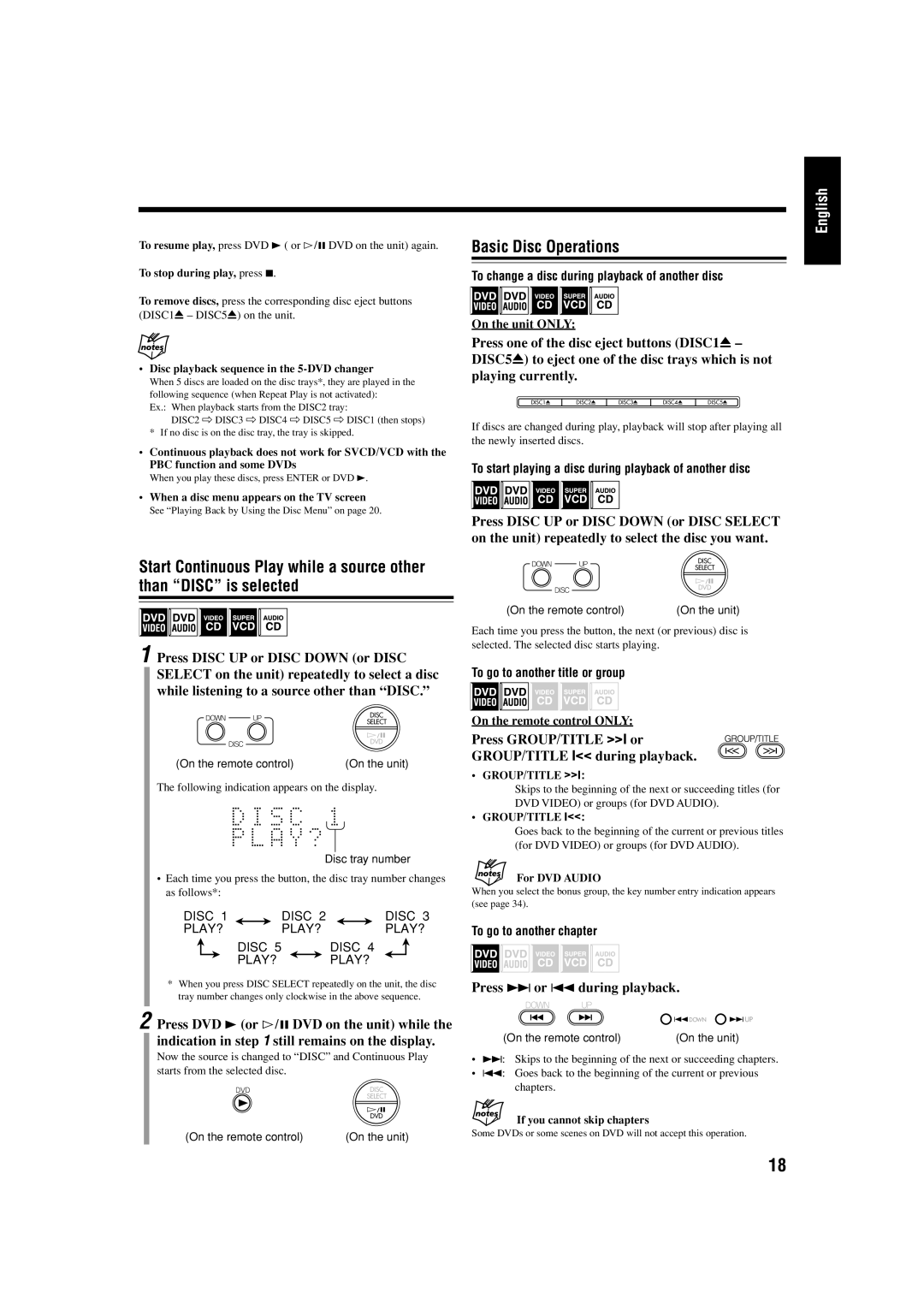 JVC UX-J99DVD Basic Disc Operations, Press GROUP/TITLE I or GROUP/TITLE I during playback, Press ¢ or 4 during playback 