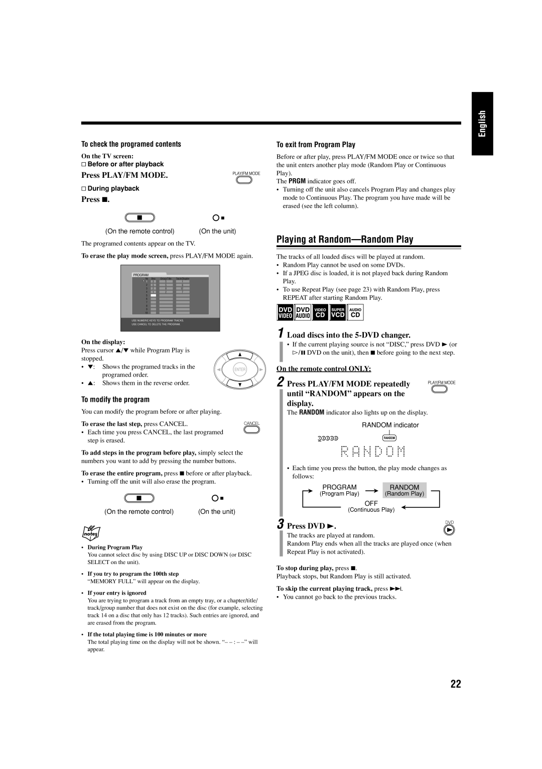 JVC UX-J99DVD manual Playing at Random-Random Play, To check the programed contents, To exit from Program Play 