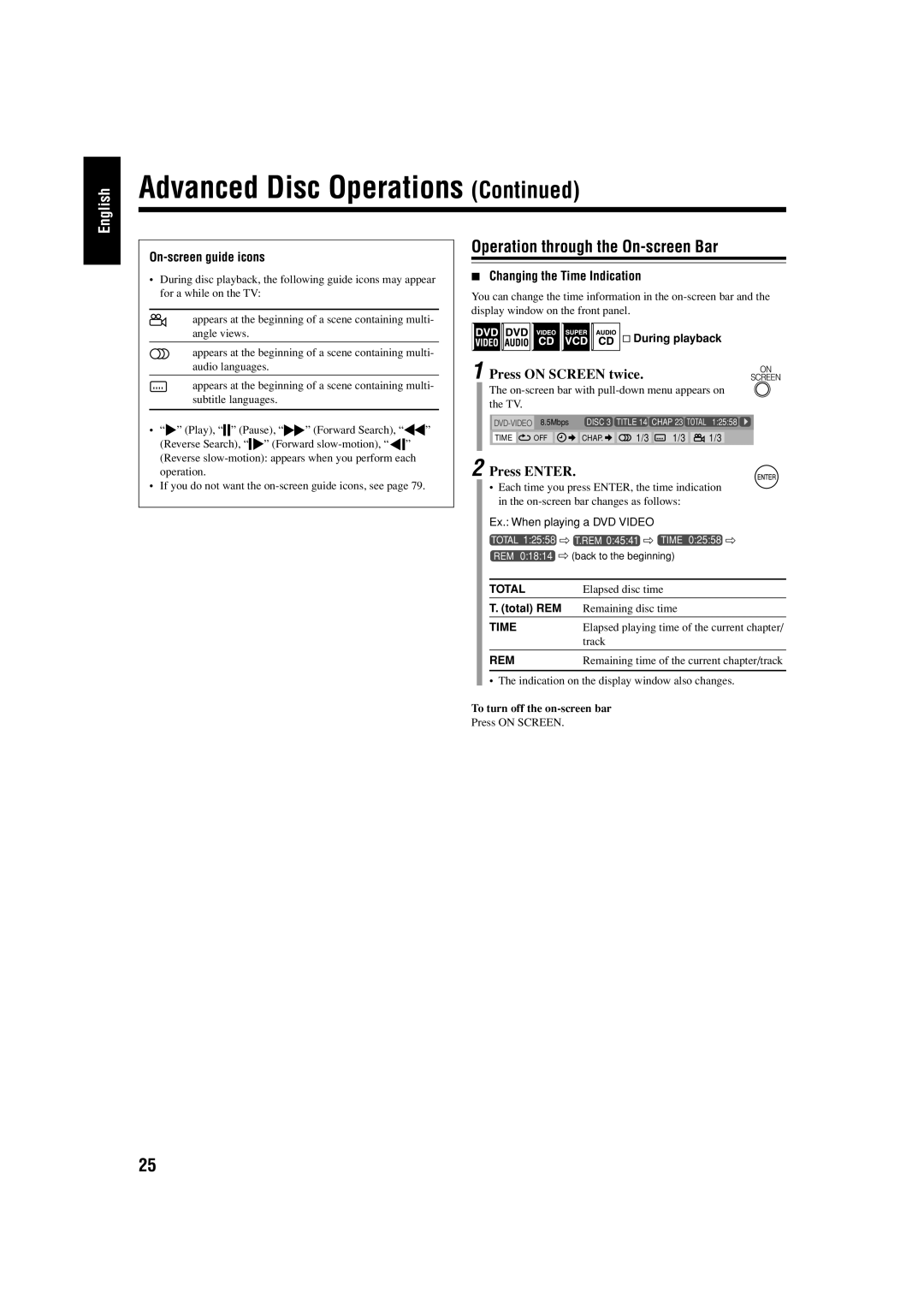 JVC UX-J99DVD manual Operation through the On-screen Bar, Press on Screen twice, Press Enter, On-screen guide icons 