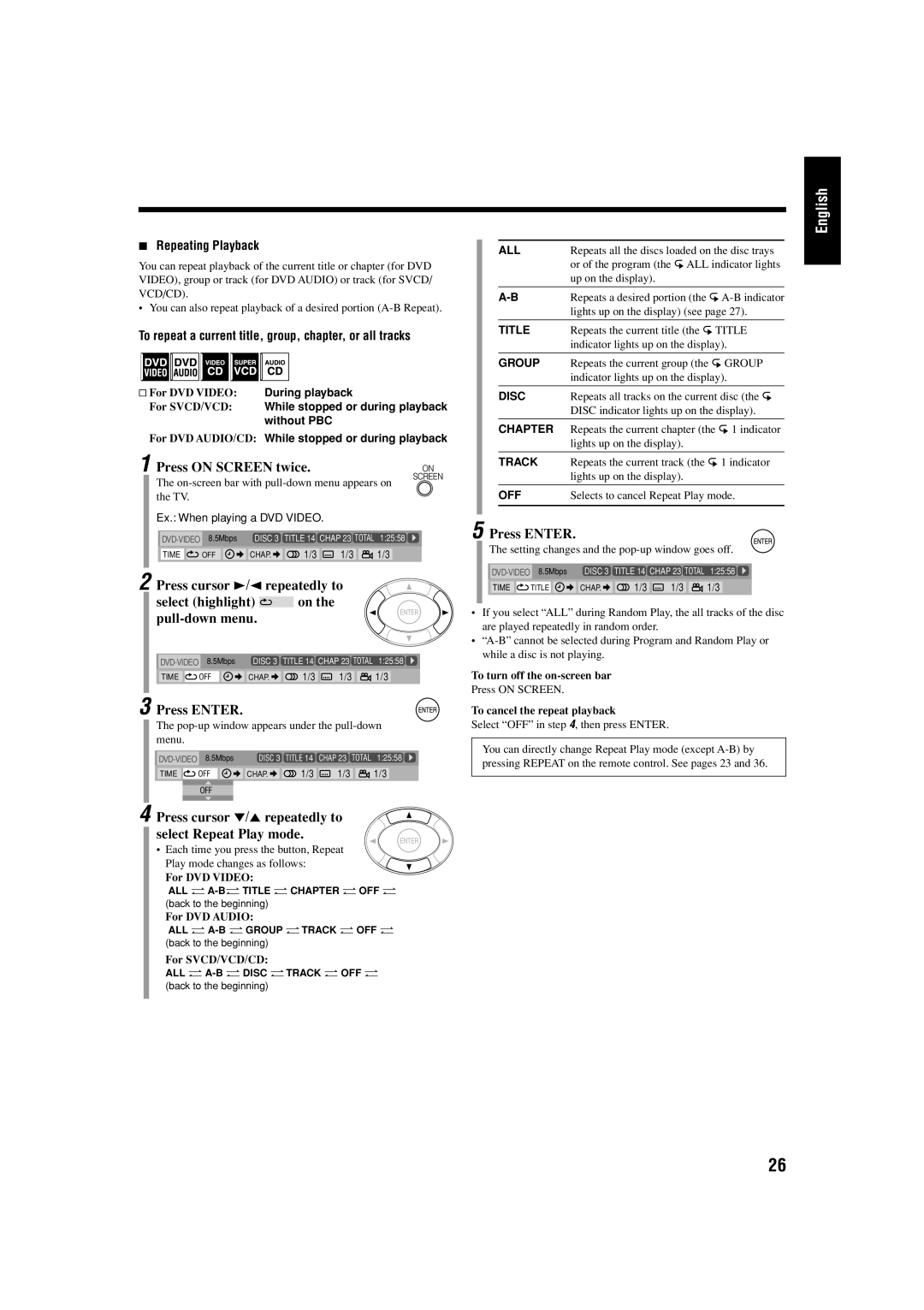 JVC UX-J99DVD manual Press cursor ∞/5 repeatedly to select Repeat Play mode, Repeating Playback 