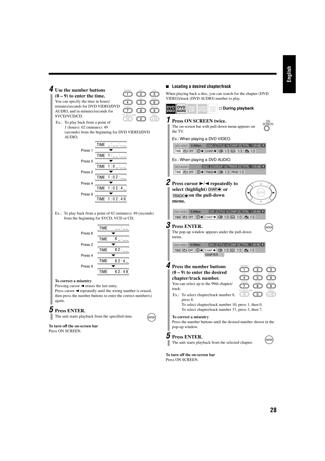 JVC UX-J99DVD manual Locating a desired chapter/track, To correct a misentry, Unit starts playback from the specified time 