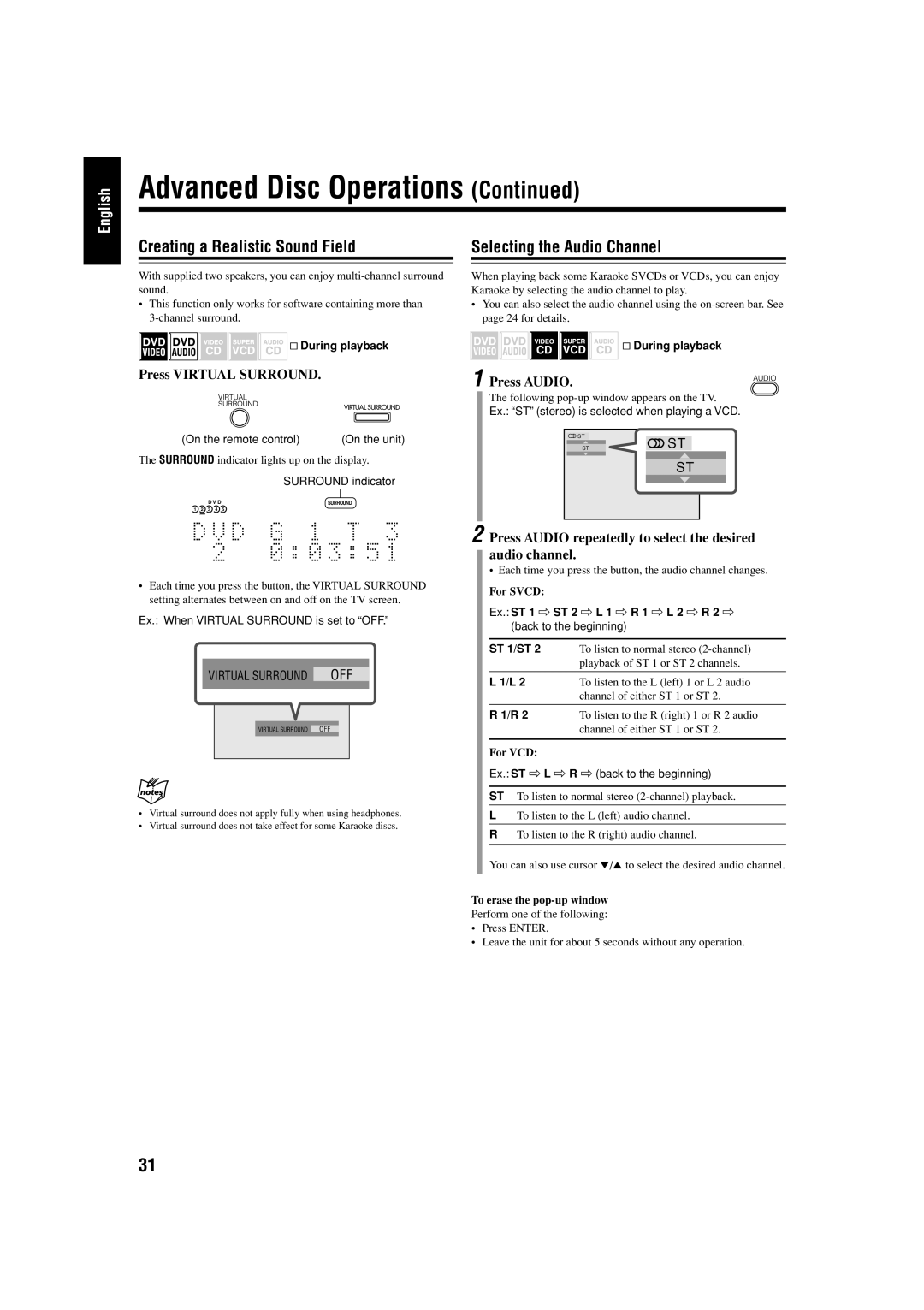 JVC UX-J99DVD manual Press Virtual Surround, Press Audio repeatedly to select the desired audio channel, ST 1/ST 