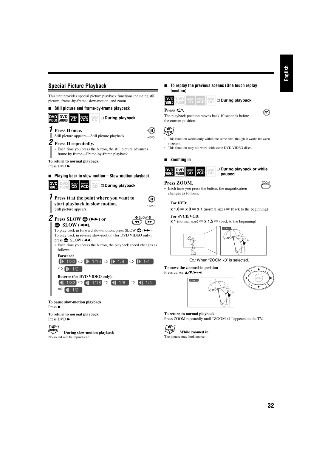 JVC UX-J99DVD manual Special Picture Playback, Press 8 once, Press 8 repeatedly, Press Slow 9 ¡ or, Press Zoom 