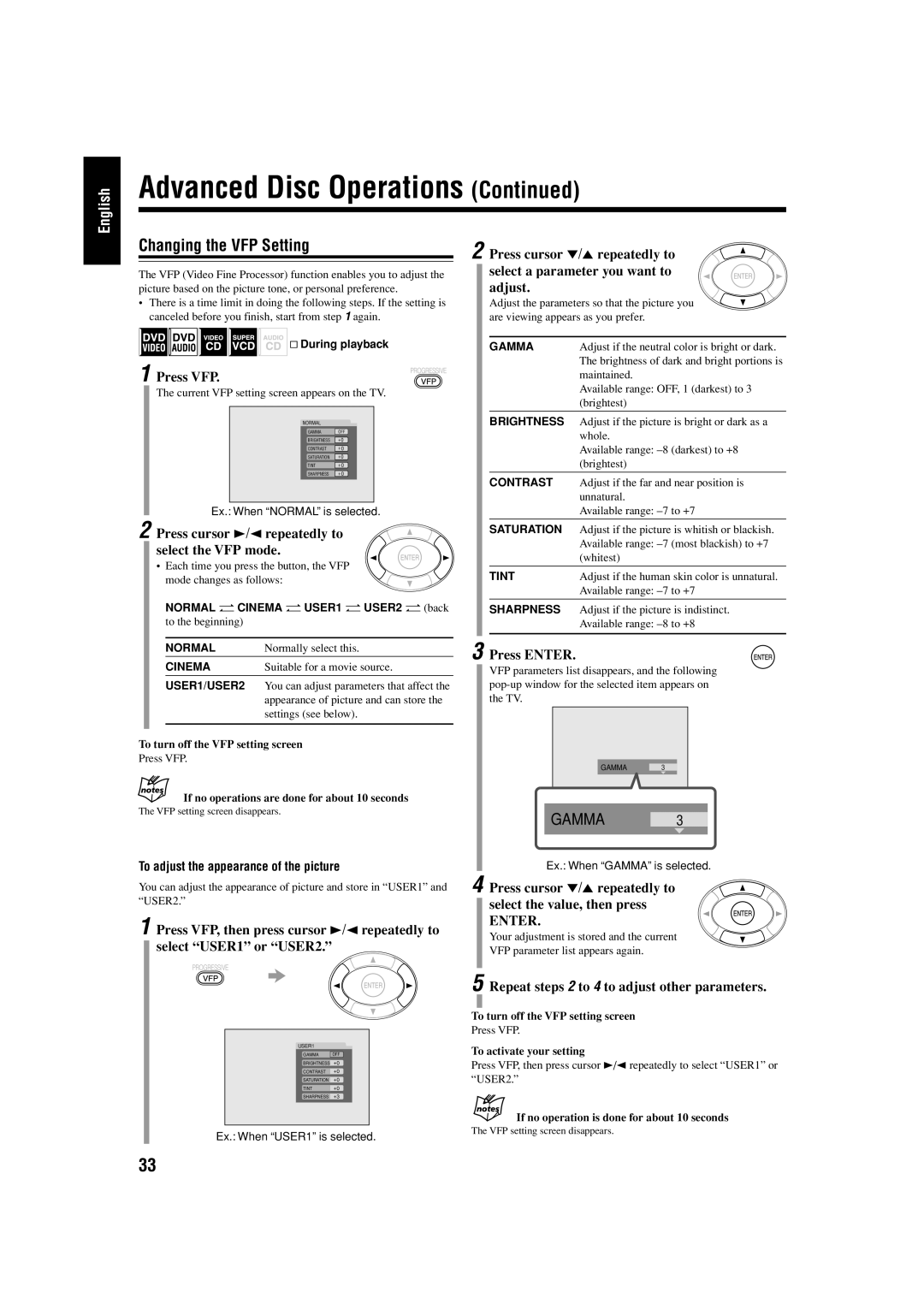 JVC UX-J99DVD manual Changing the VFP Setting, Press VFP, Press cursor 3/2 repeatedly to select the VFP mode 