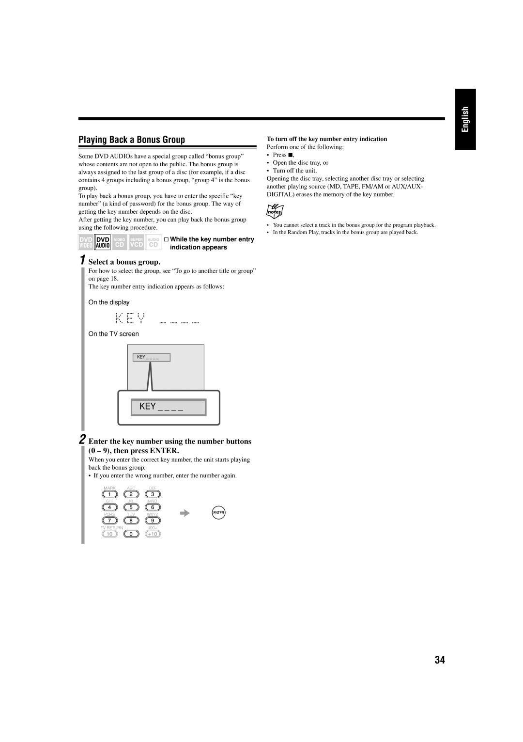 JVC UX-J99DVD manual Playing Back a Bonus Group, Select a bonus group, While the key number entry indication appears 