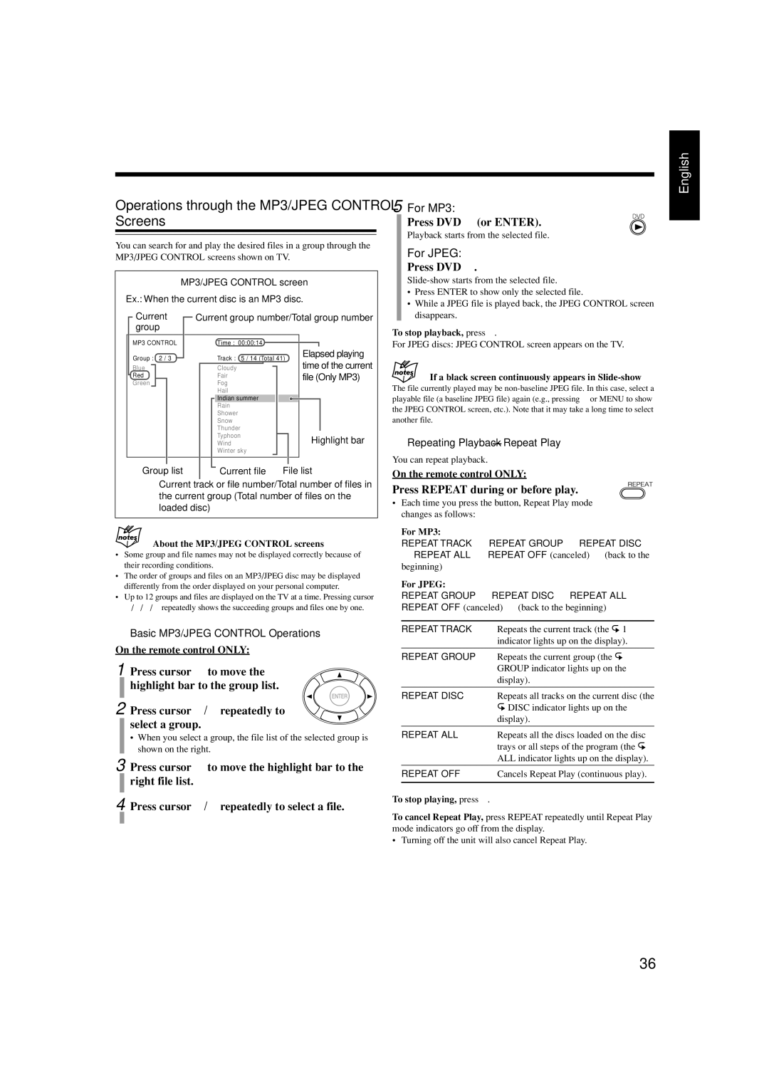 JVC UX-J99DVD manual Operations through the MP3/JPEG Control Screens, Press cursor ∞/5 repeatedly to select a group 