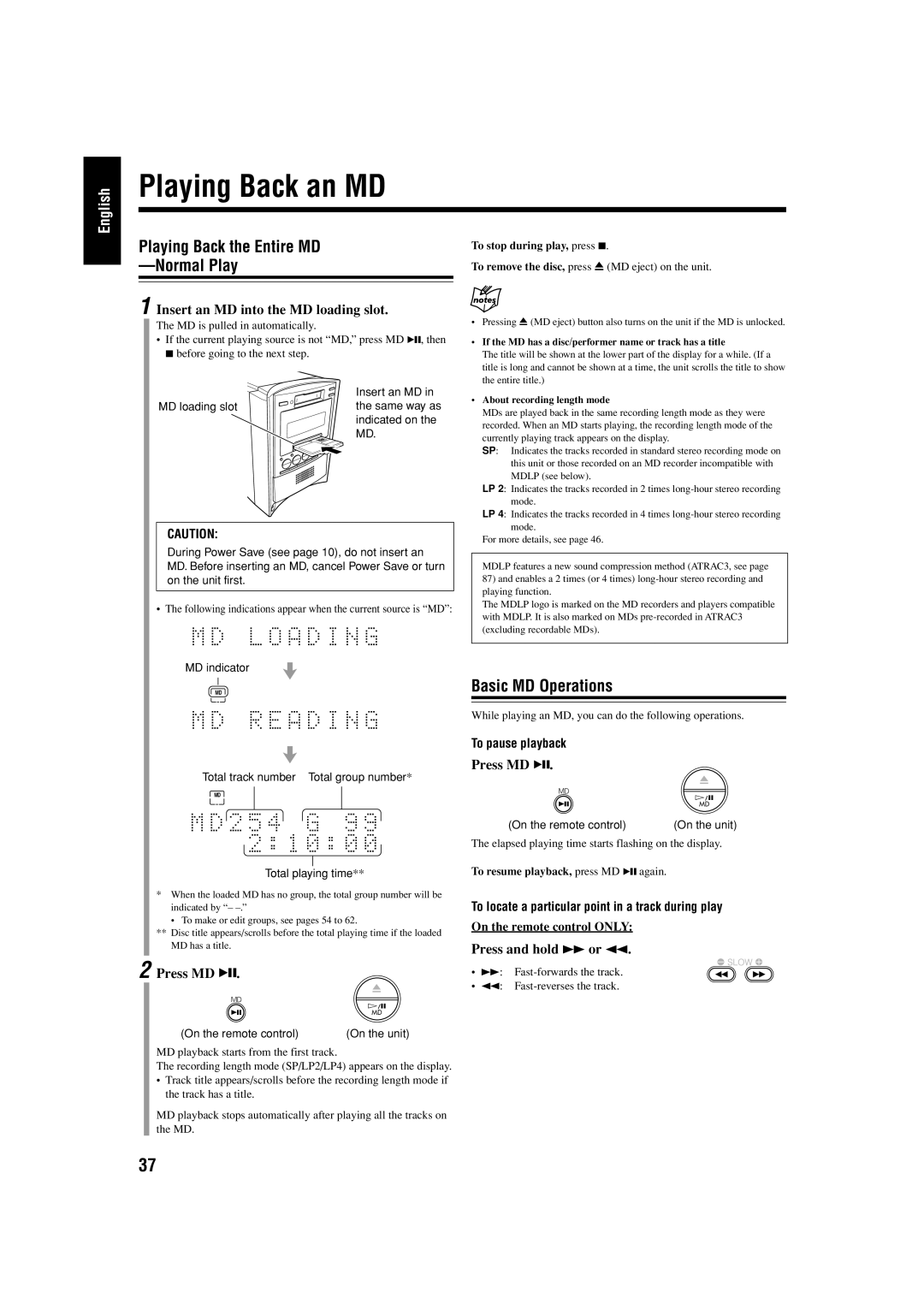 JVC UX-J99DVD manual Playing Back an MD, Playing Back the Entire MD Normal Play, Basic MD Operations 