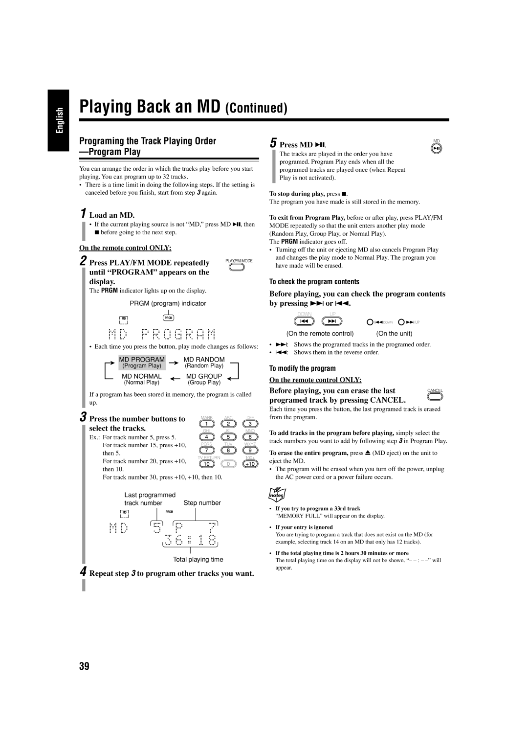 JVC UX-J99DVD manual Load an MD, Press the number buttons to select the tracks, Repeat to program other tracks you want 