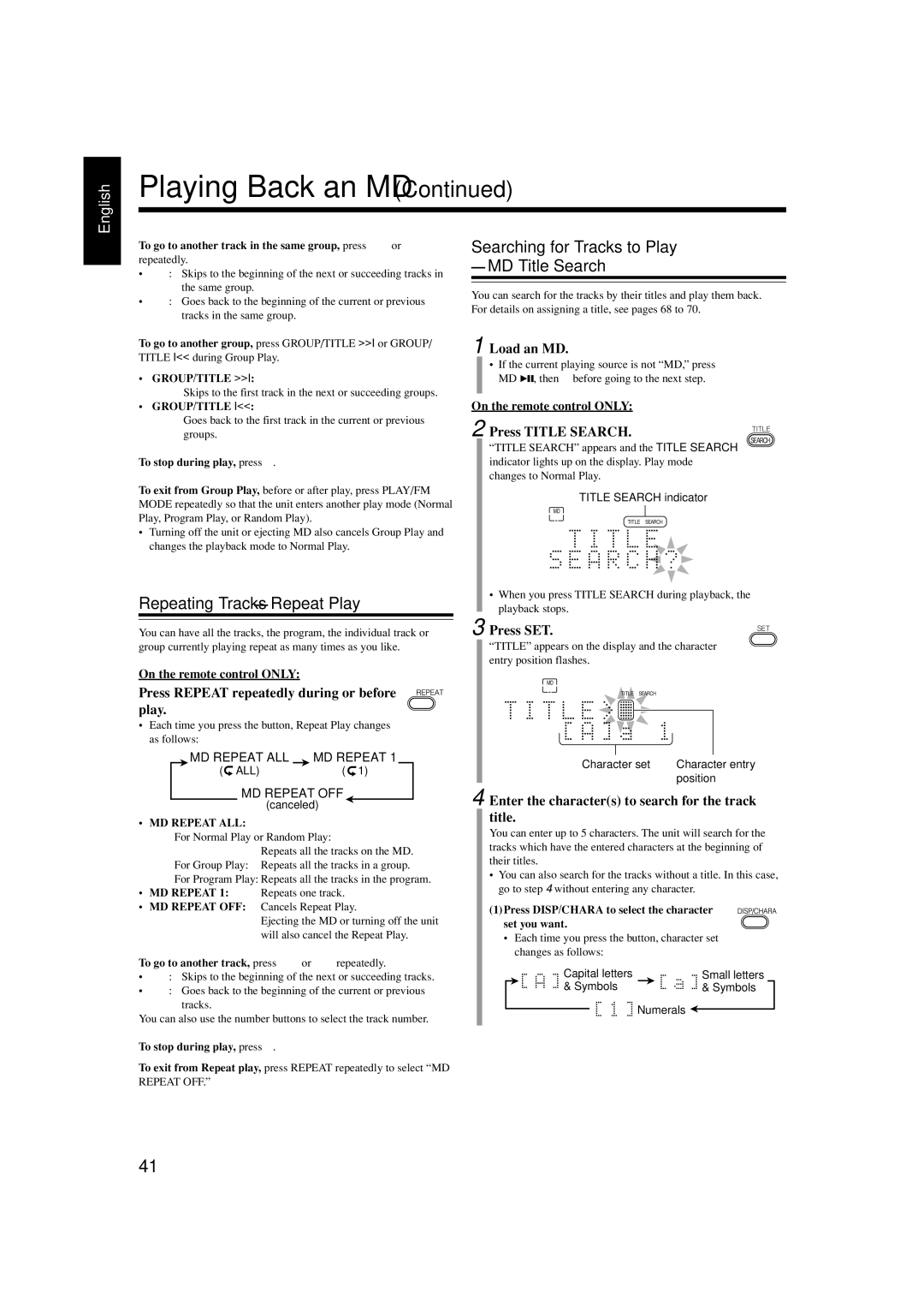 JVC UX-J99DVD manual Press Title Search, Press Repeat repeatedly during or before play, MD Repeat ALL, MD Repeat OFF 