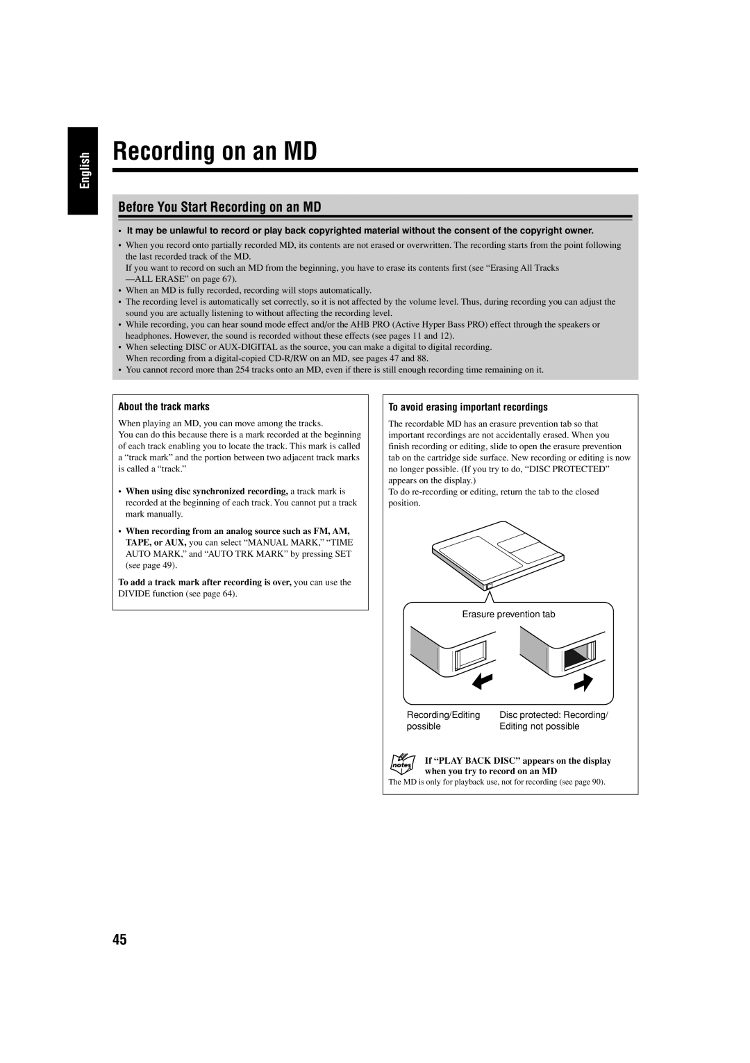 JVC UX-J99DVD manual Before You Start Recording on an MD, About the track marks, To avoid erasing important recordings 