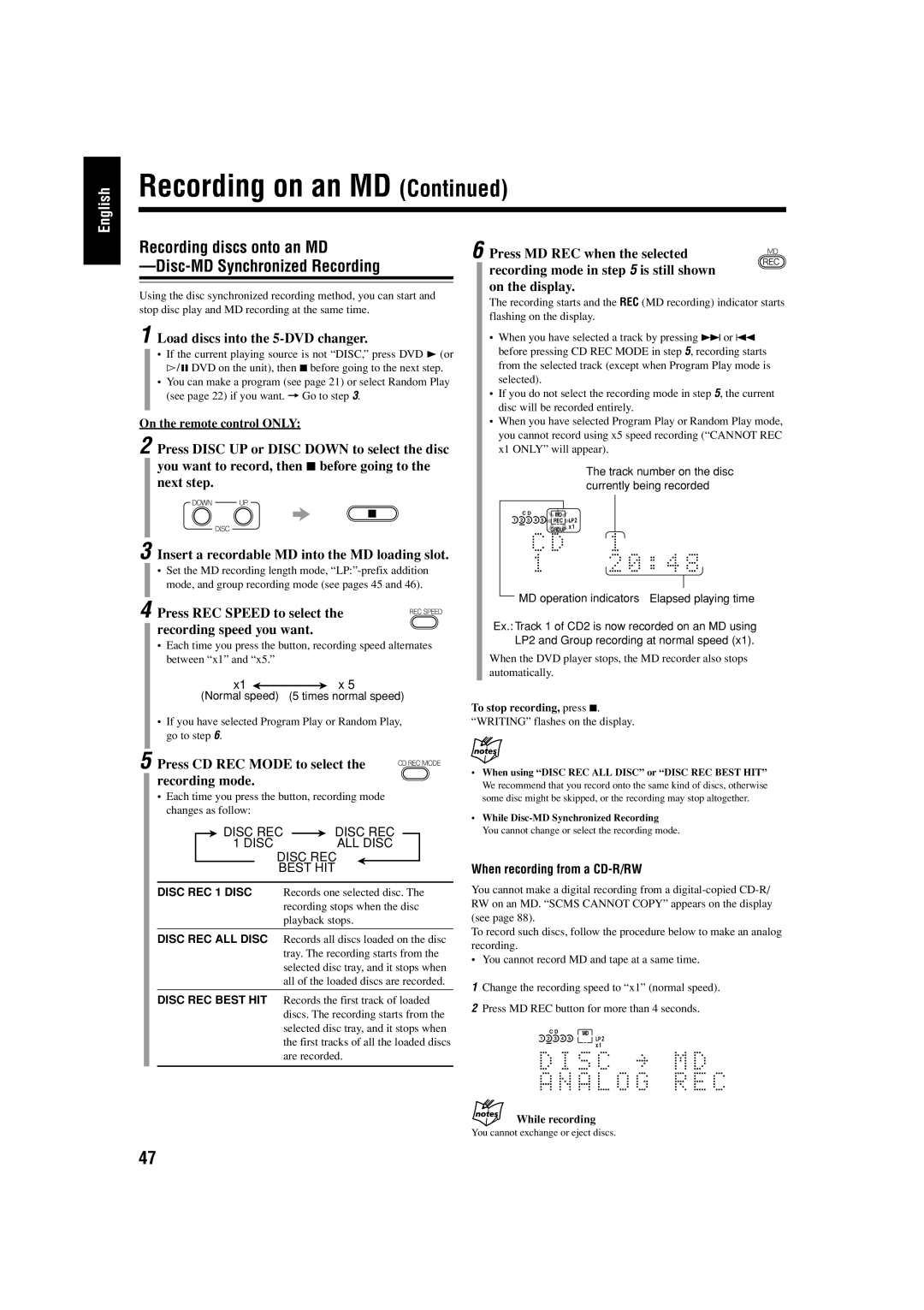 JVC UX-J99DVD Recording discs onto an MD Disc-MD Synchronized Recording, Press CD REC Mode to select the recording mode 