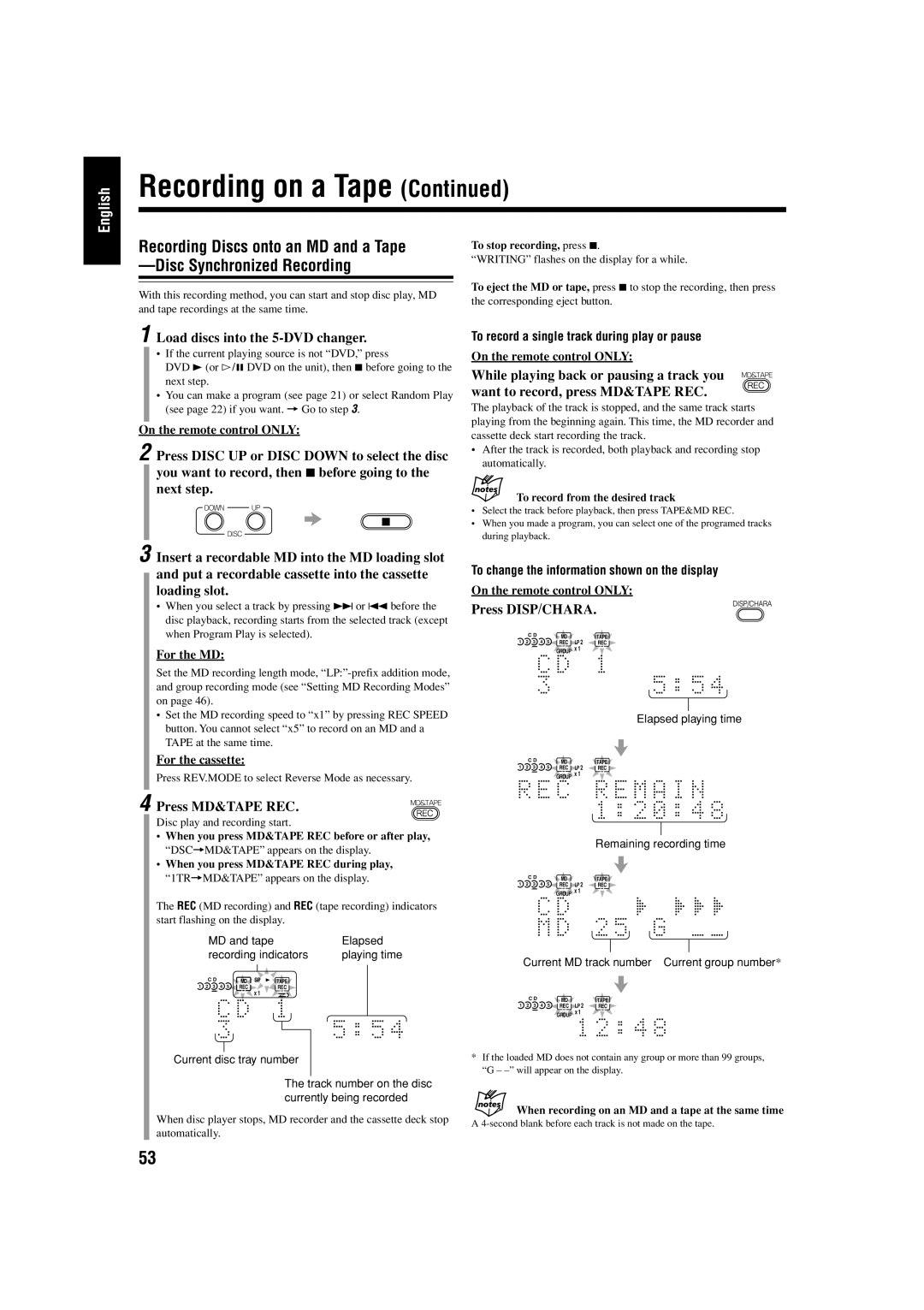 JVC UX-J99DVD manual Recording Discs onto an MD and a Tape, Disc Synchronized Recording, Press MD&TAPE REC 