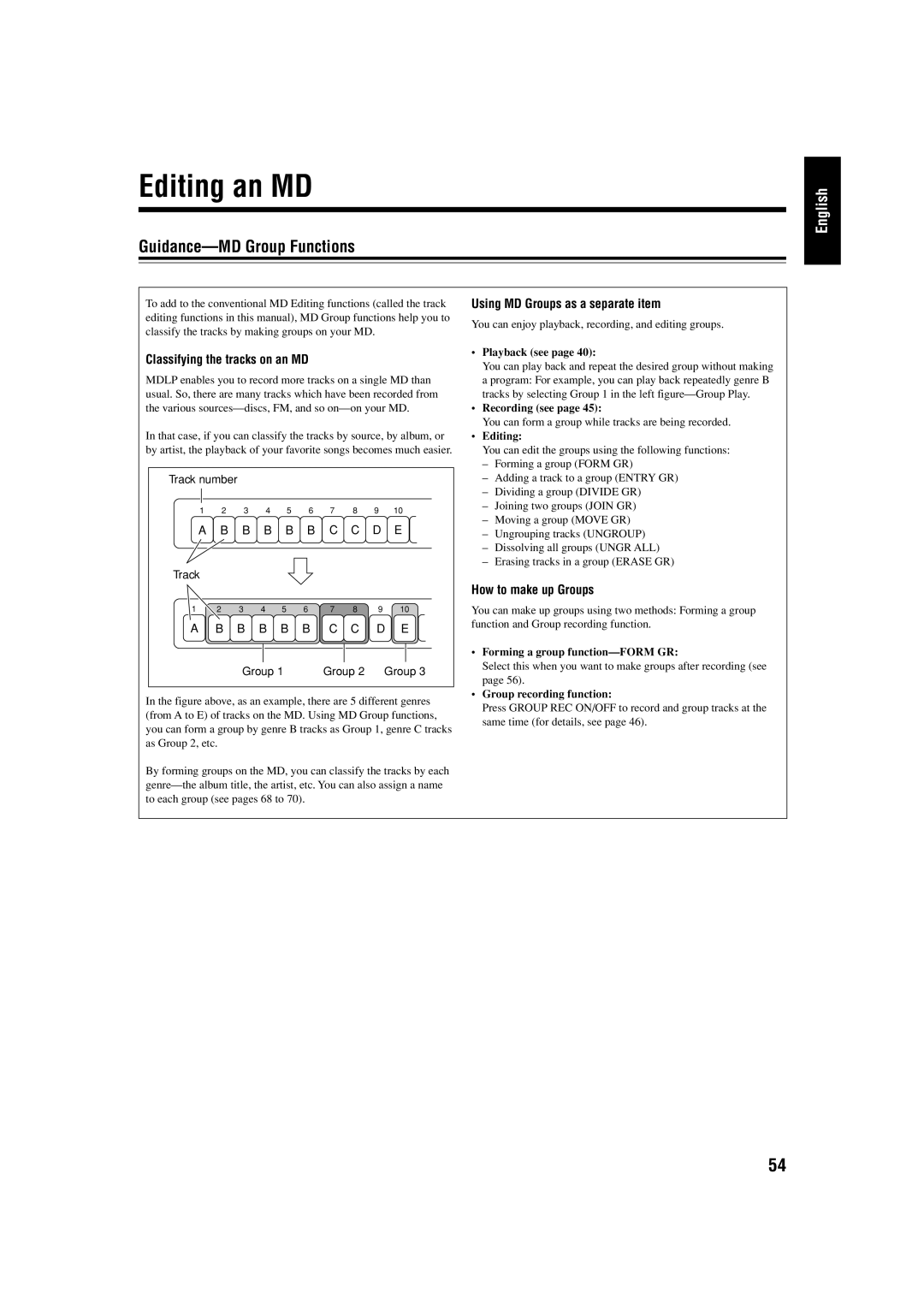 JVC UX-J99DVD manual Editing an MD, Guidance-MD Group Functions, Classifying the tracks on an MD, How to make up Groups 