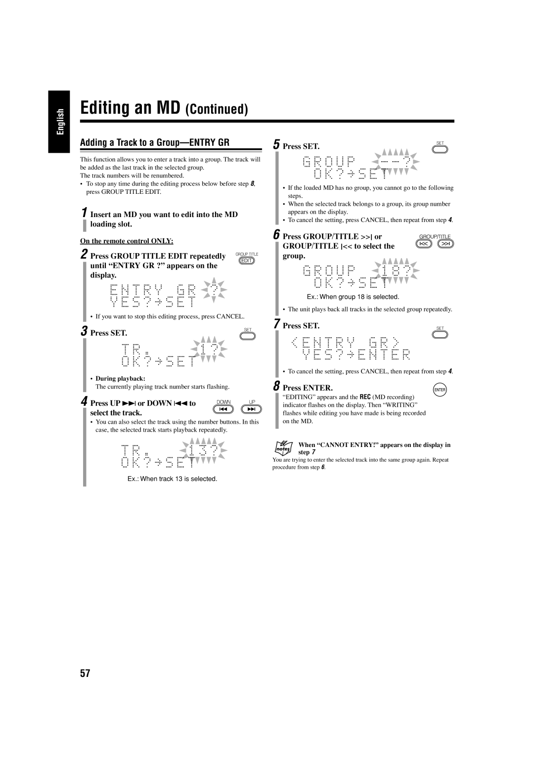 JVC UX-J99DVD manual Adding a Track to a Group-ENTRY GR, Press UP ¢ or Down 4 to select the track 