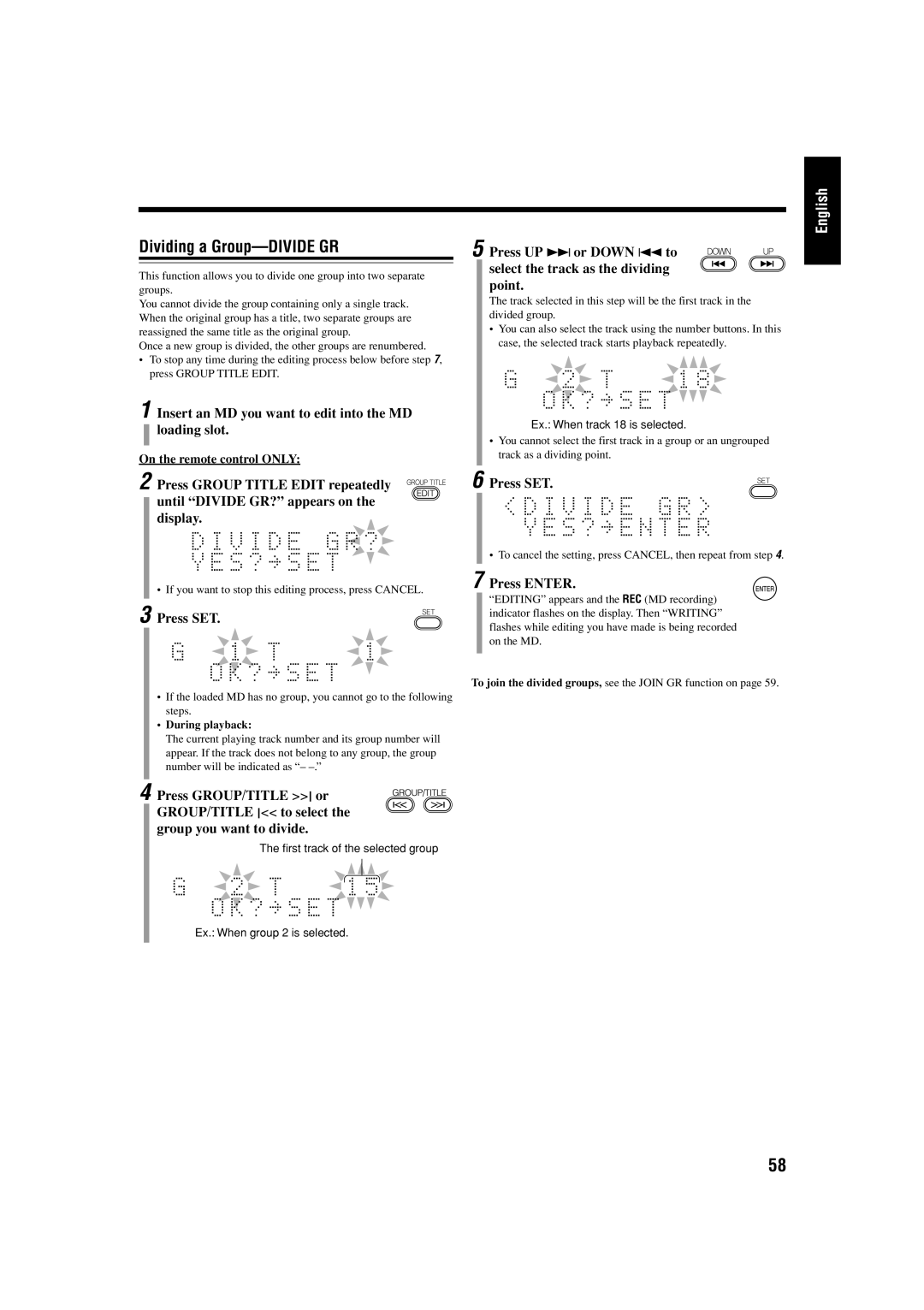 JVC UX-J99DVD manual Dividing a Group-DIVIDE GR, Ex. When track 18 is selected 