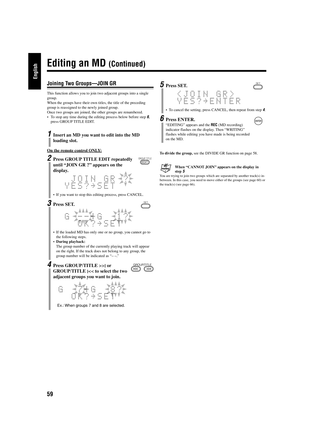 JVC UX-J99DVD manual Joining Two Groups-JOIN GR, When Cannot Join appears on the display in step 