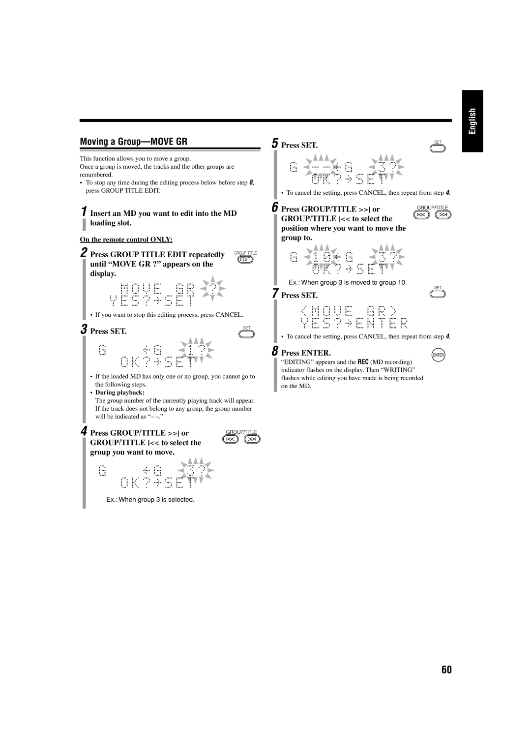 JVC UX-J99DVD manual Moving a Group-MOVE GR, Ex. When group 3 is selected, Ex. When group 3 is moved to group 